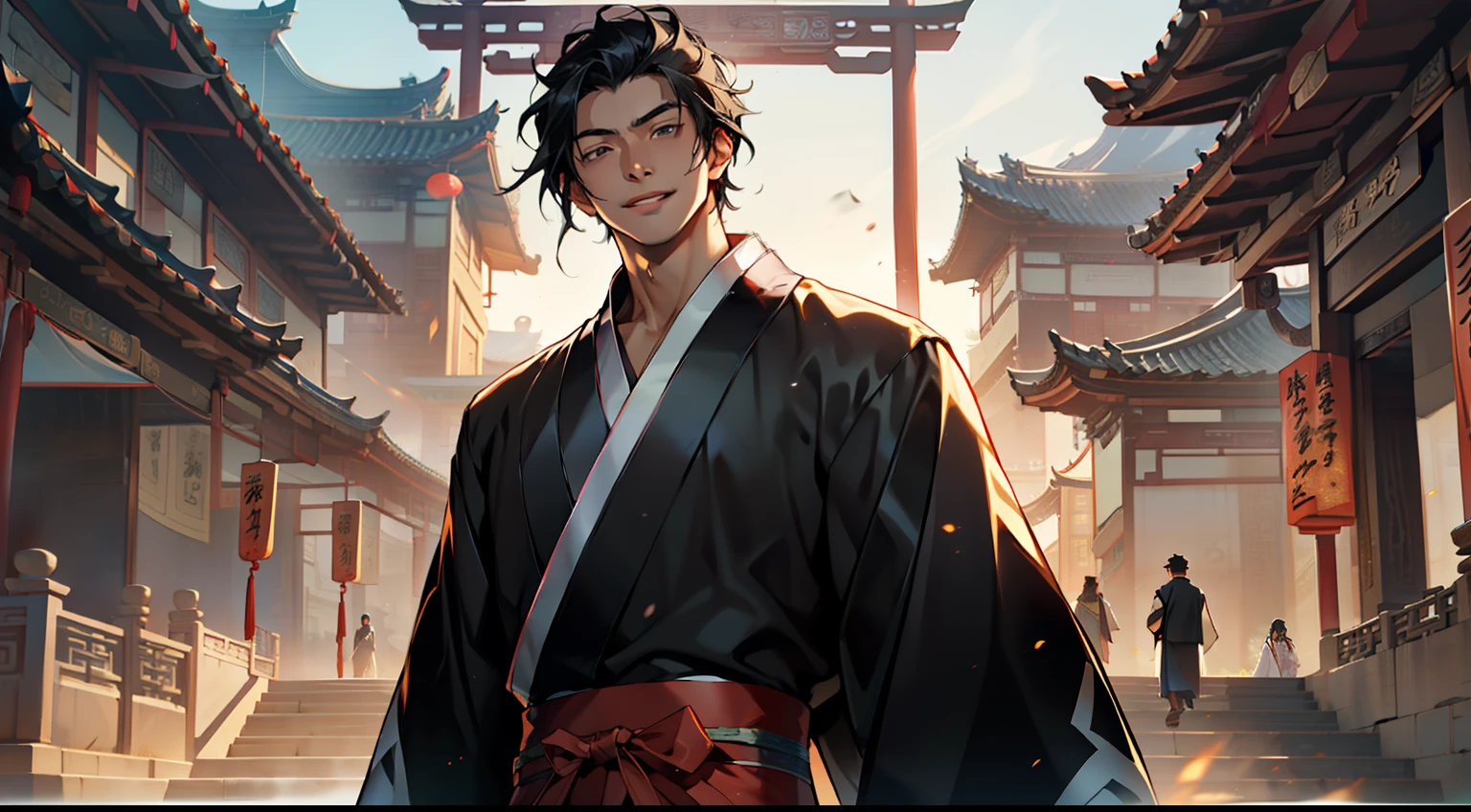32. (1 person) The boy with a (((Black coat))), (((Black Hanfu youth))), and (((Black hair))) smiles, vowing to illuminate the future of his entire family with unwavering willpower. He will forever be a source of pride for his family. (Background: The magnificent imperial palace of ancient China)