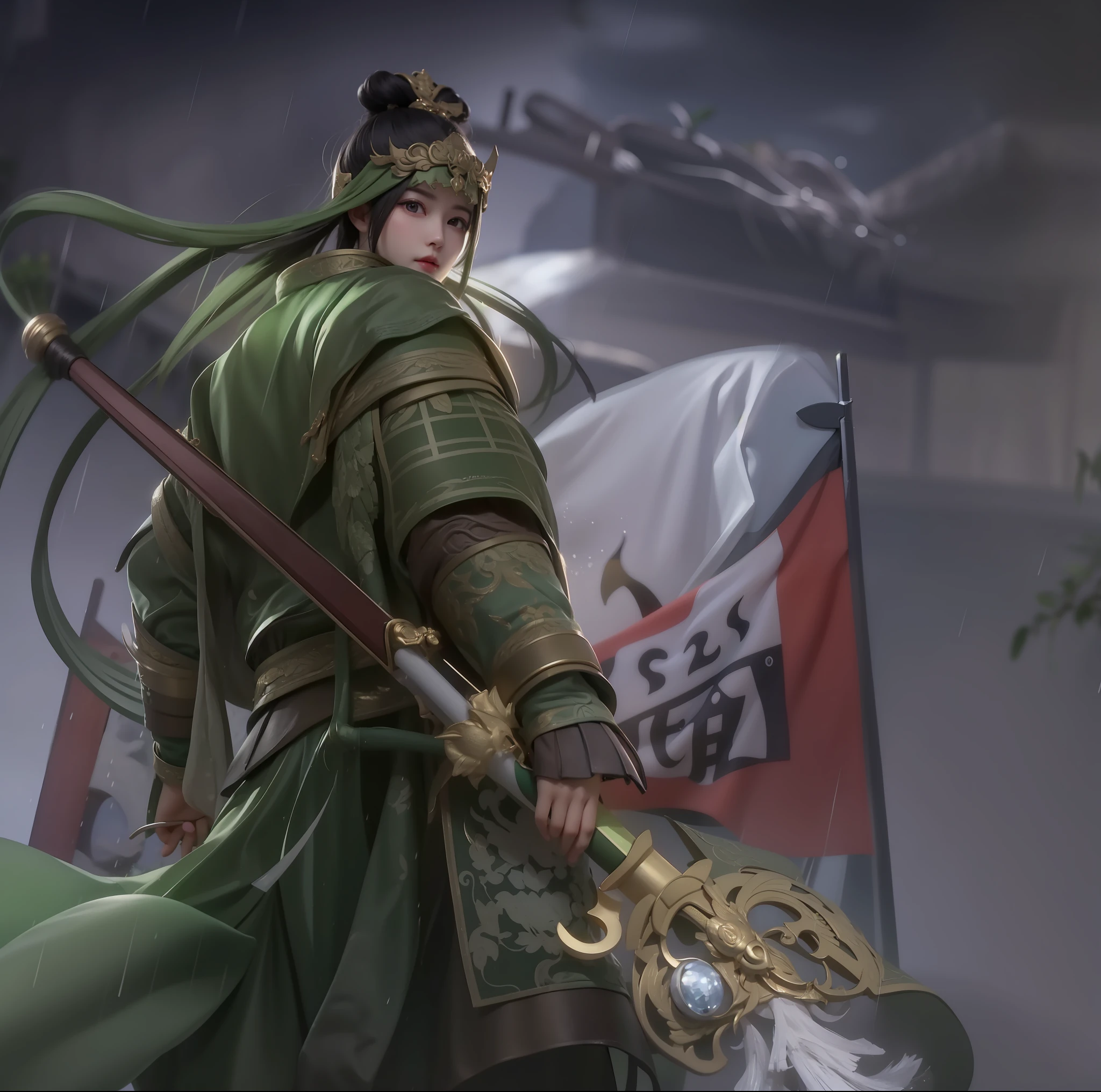 a close up of a person holding a sword in the rain, Guan yu, zhao yun,Ma Dai，Green clothes， Chinese Warrior, inspired by Wu Zuoren, Inspired by Huang Shen, Inspired by Hu Zaobin, inspired by Zhang Wo, by Yang J, inspired by Zhang Sengyao, author：Qu Leilei, Inspired by Seki Dosheng, Inspired by Shen Zhou