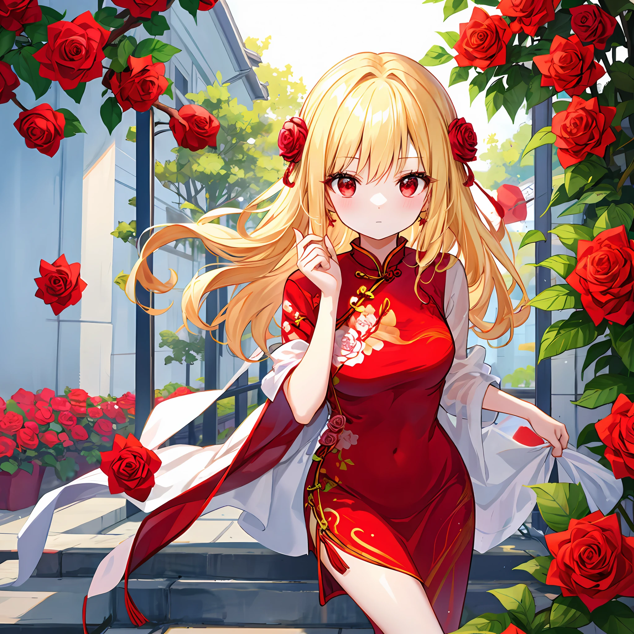 One beautiful blonde girl、red eyes、Bright red cheongsam、Rose Garden