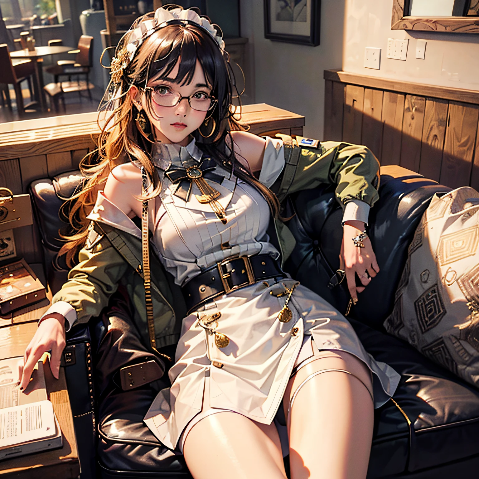 Mixed-race beauty，tall nose bridge，largeeyes，Pout，Melon seed face，The face is angular，Royal sister style，Long hair，Smooth hair，white  clothes，Gold-tone glasses frame，Fair skin，Mixed faces，Cafe，drinking a coffee，The expression is leisurely，The phone buckles back on the desktop，The phone does not have a case，Apple 14，Slender fingers，No manicures，Antique coffee shop，Real-world scenarios，Urban retreat --auto