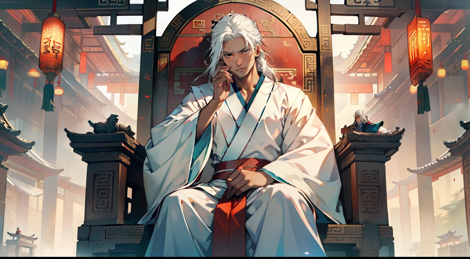 33. (1 person) The boy with (((white hair))), (((white Hanfu youth))), and (((long white hair))) sits on the sacred throne, his eyes shimmering with a look of frustration. (Background: The magnificent imperial palace of ancient China)