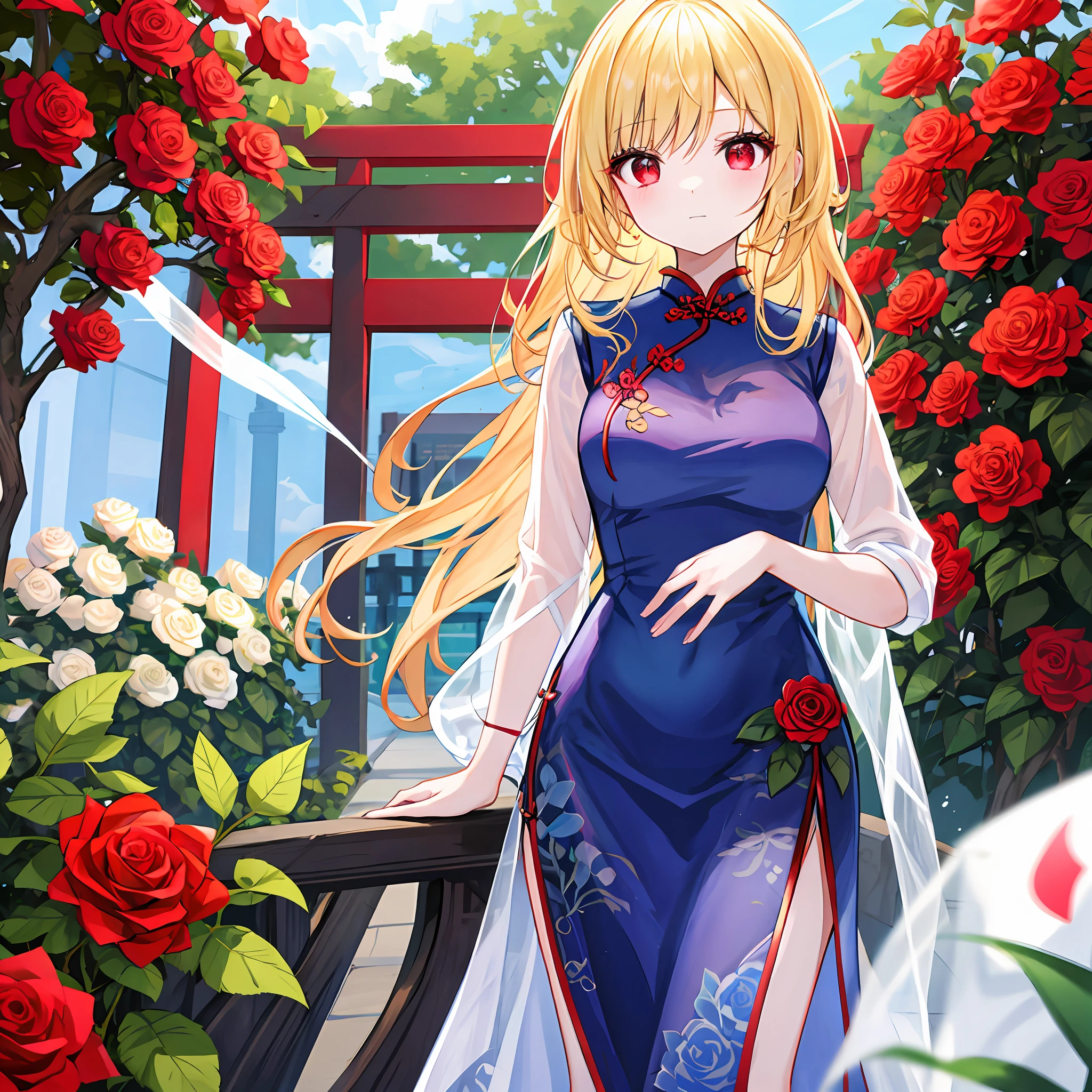 One beautiful blonde girl、red eyes、Light blue cheongsam、White rose garden