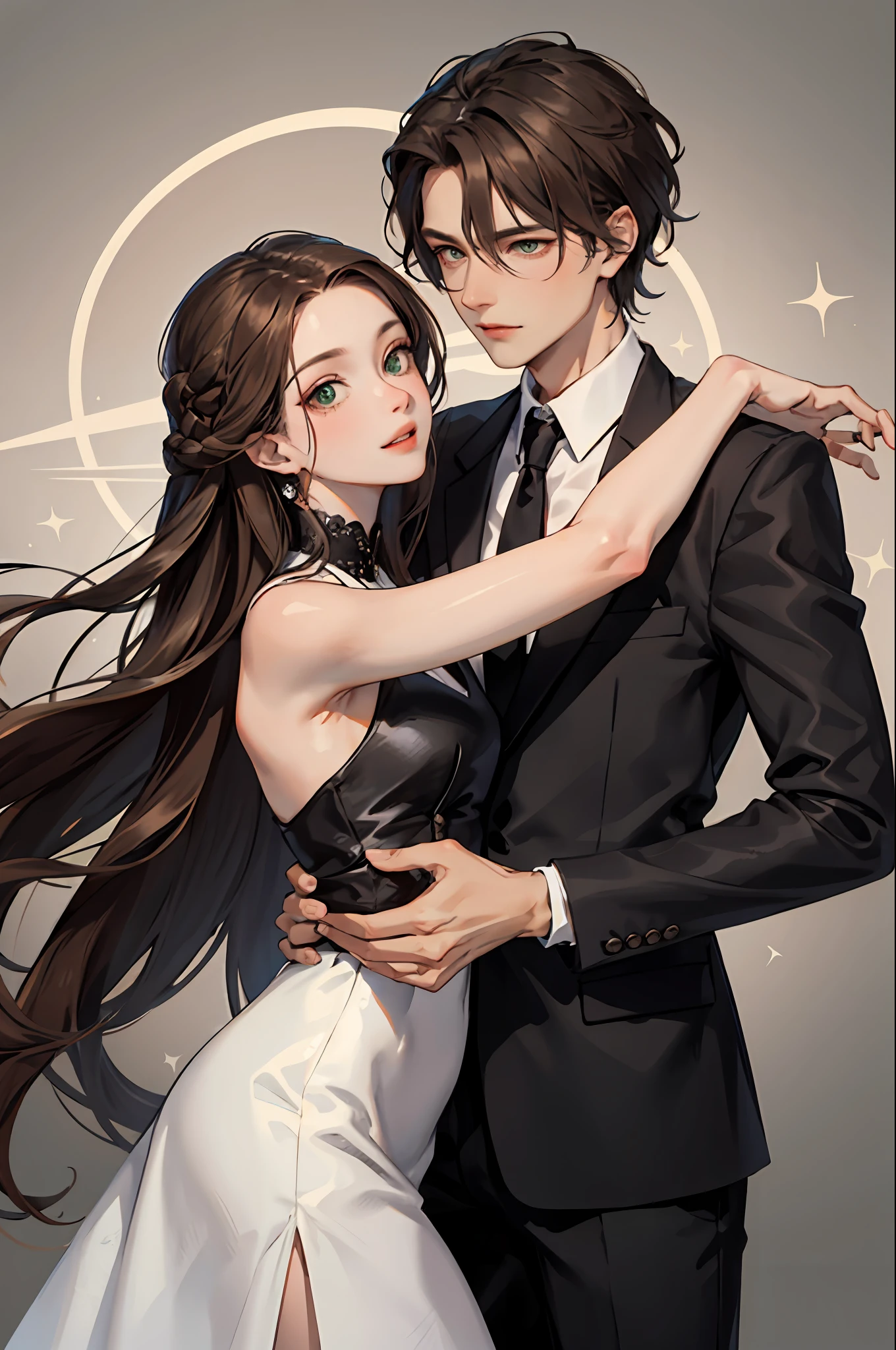 1 belo homem vestindo um terno preto,olhos expressivos,com cabelo curto e escuro levemente caindo em sua testa,hugging his wife who has wavy brown hair,olhos verdes expressivos