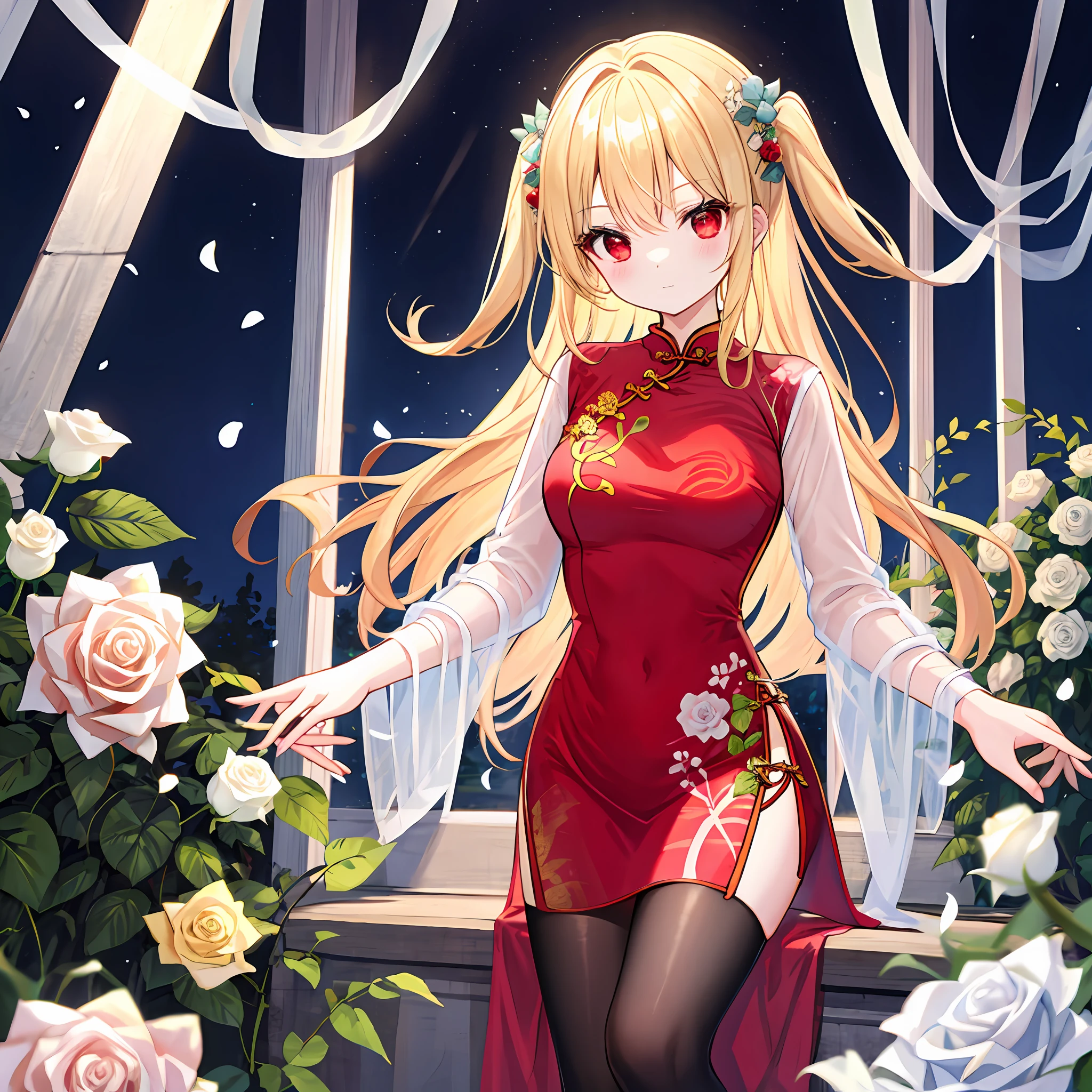 One beautiful blonde girl、red eyes、Light blue cheongsam、White rose garden