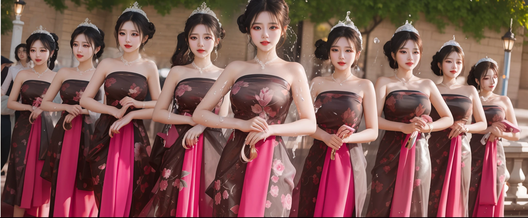 best quality,masterpiece,highres,cg,
splashing, hair bun,black hair,
lighting,candid,Photograph,high resolution,4k,8k,Bokeh, very detailed everything, very beautiful faces, very beautiful eyes, white skin, big breast, bright and contrast background