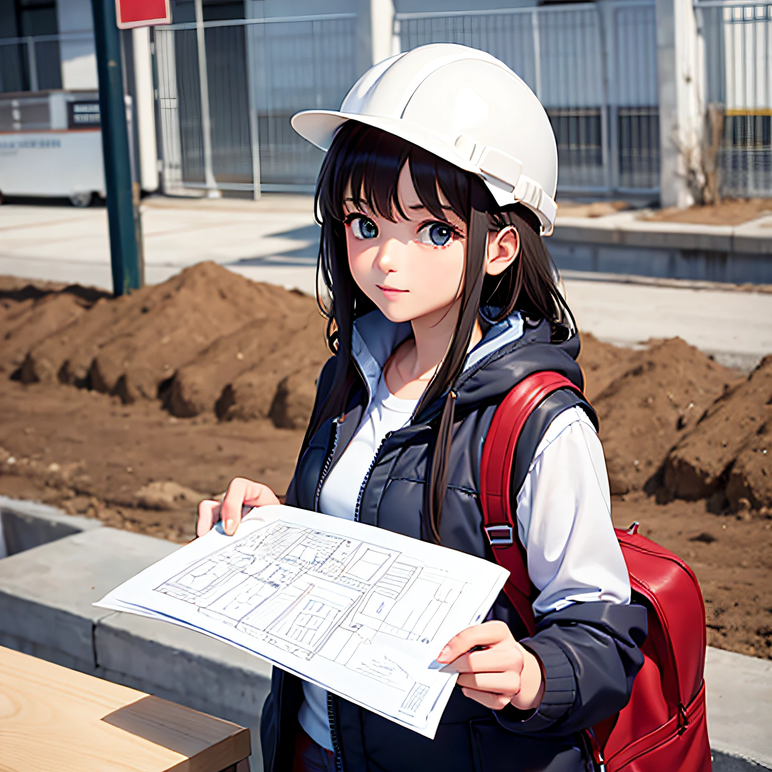 Construction sites,one-girl,Wear a hard hat,Drawings in hand --auto