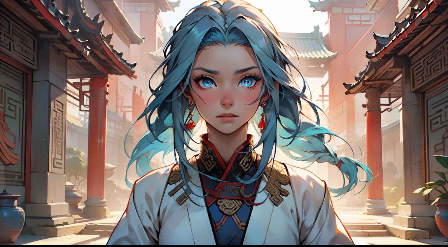 41. (1 person) The girl, with (((Blue Eyes))) and (((long blue hair))), dressed in a light blue dress with a white light gauze jacket, appears very fearful. (Background: The magnificent imperial palace of ancient China)