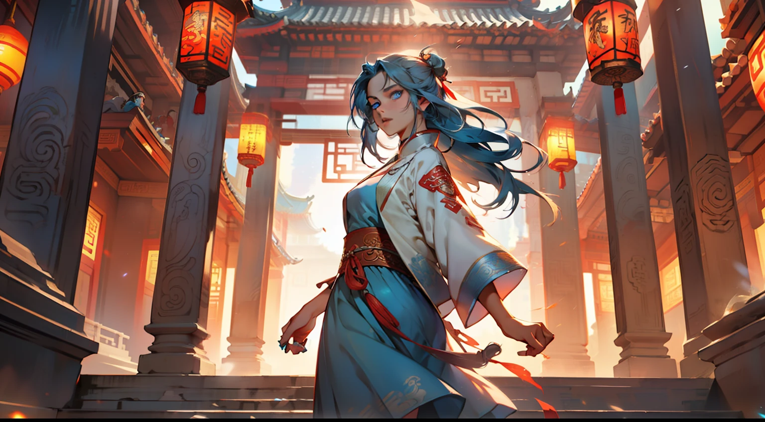 41. (1 person) The girl, with (((Blue Eyes))) and (((long blue hair))), dressed in a light blue dress with a white light gauze jacket, appears very fearful. (Background: The magnificent imperial palace of ancient China)