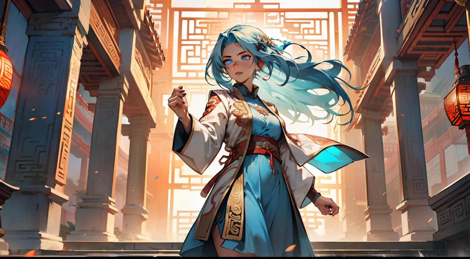 41. (1 person) The girl, with (((Blue Eyes))) and (((long blue hair))), dressed in a light blue dress with a white light gauze jacket, appears very fearful. (Background: The magnificent imperial palace of ancient China)