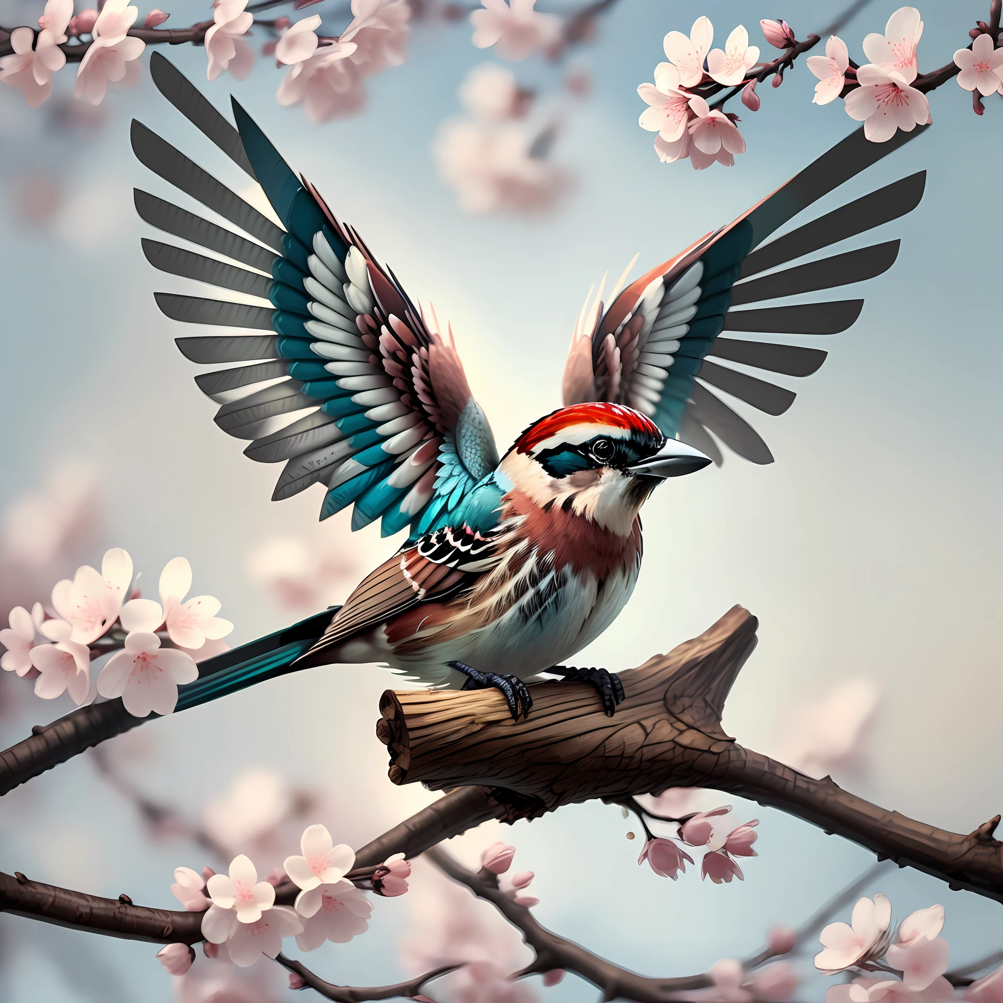 "Sparrow bird with open wings perched on a cherry blossom branch, wings spread, wings spread upwards, masterpiece of superior quality, officially beautiful art and aesthetics, realistic and detailed 8k, yang08k."
