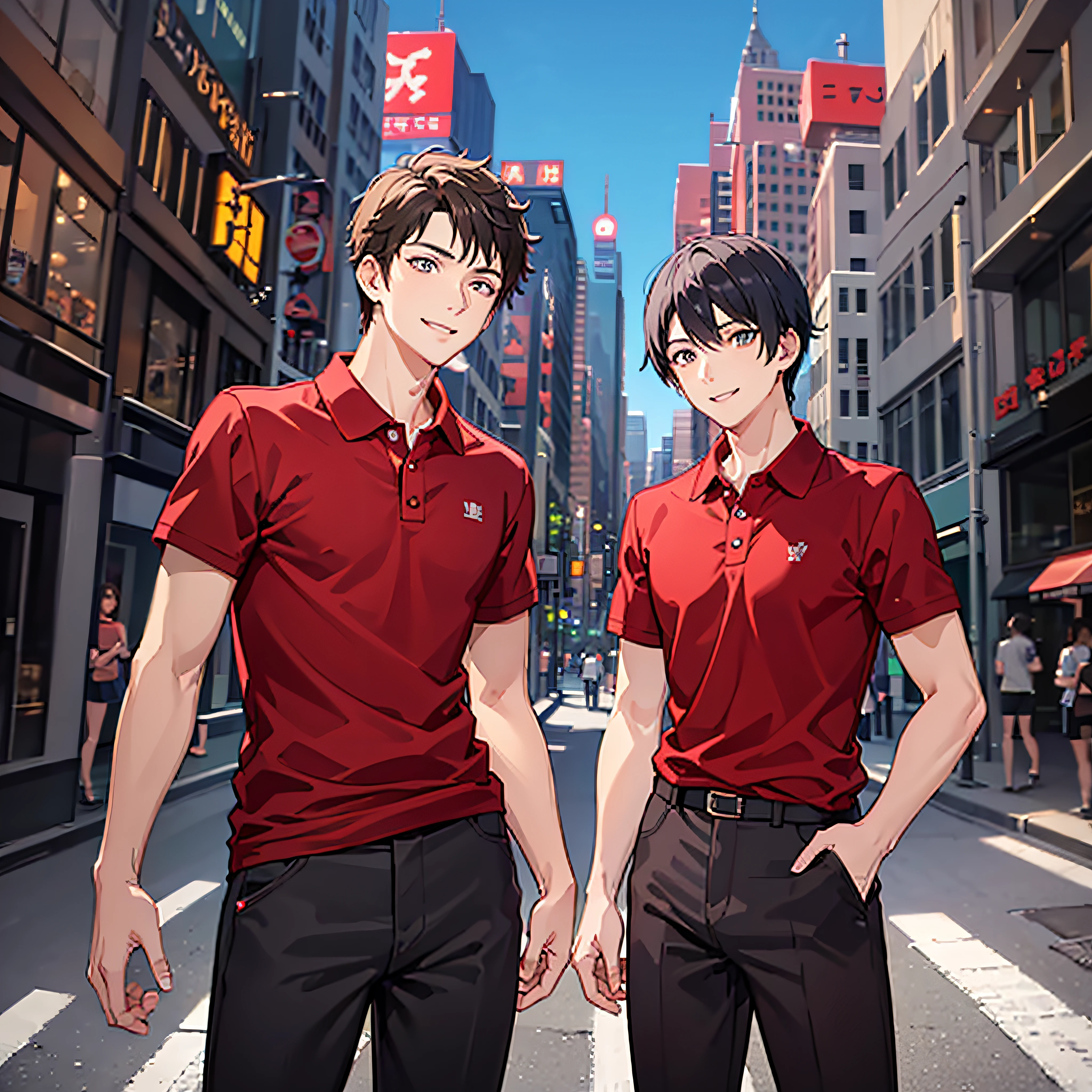 masuter piece, 独奏, red polo shirt, Young man with a refreshing smile, red polo shirt, Beautiful sunlight, Fine expression, dynamic ungle, twinks, Background in the city, Stand up straight