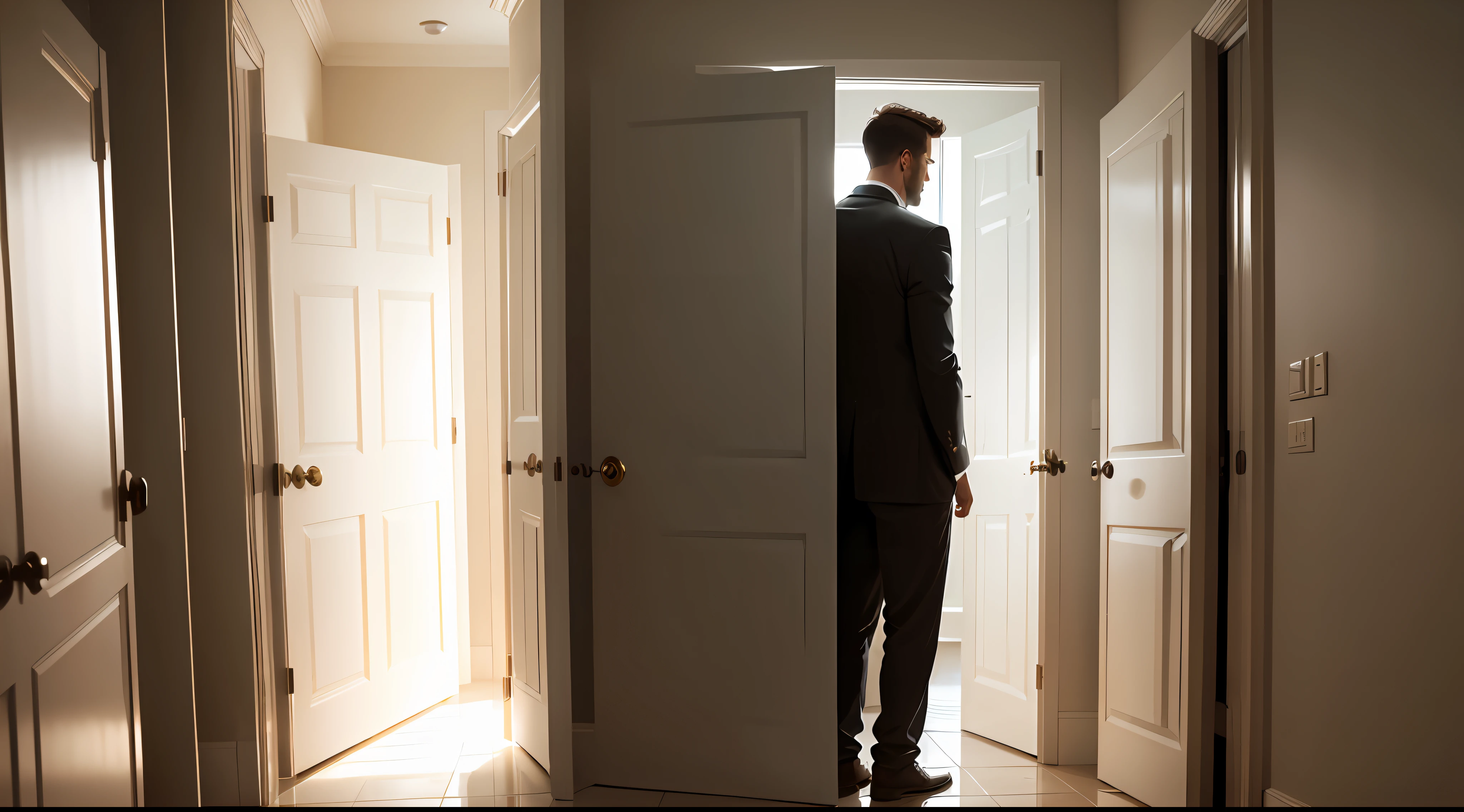 A man stood in front of the door,about to enter doorframe,in bathroom --auto