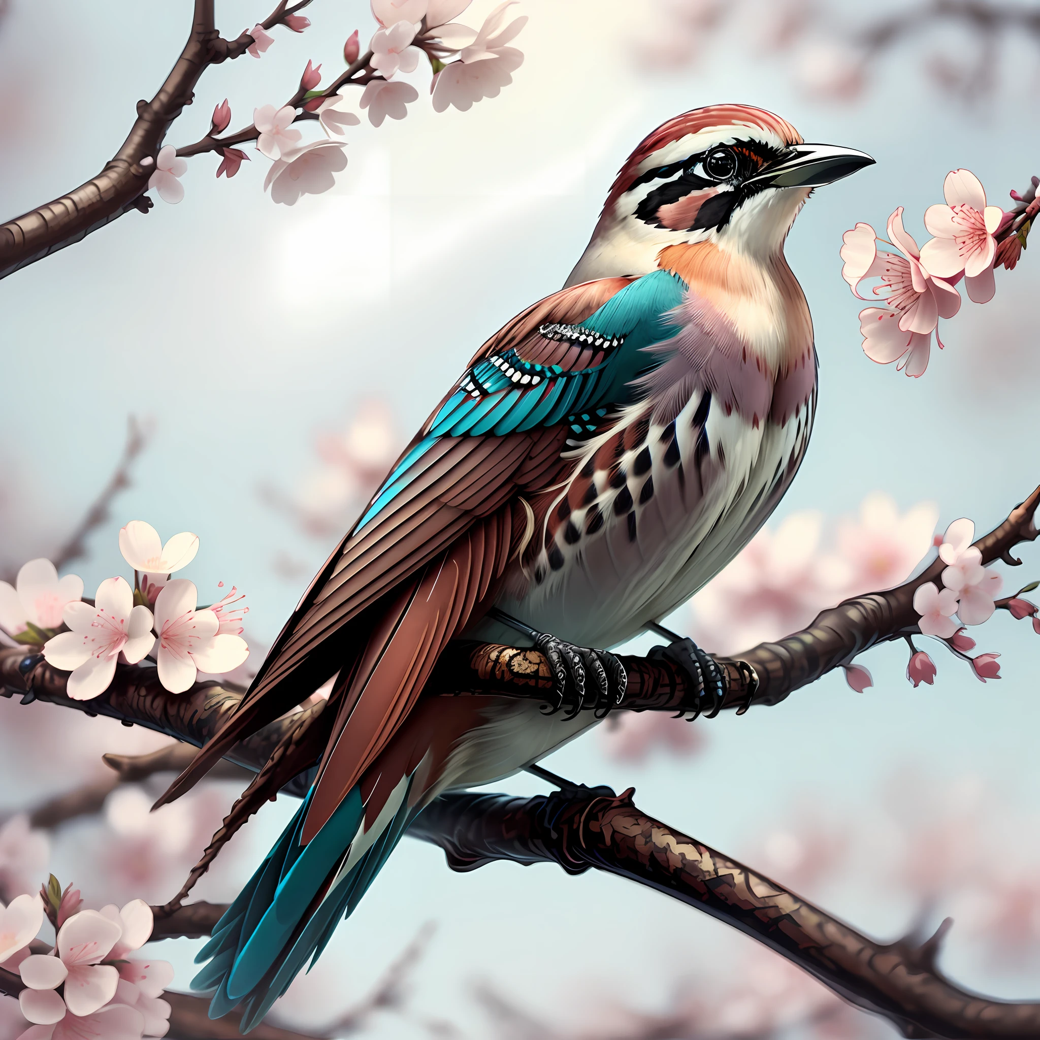 "Sparrow bird with open wings perched on a cherry blossom branch, wings spread, wings spread upwards, masterpiece of superior quality, officially beautiful art and aesthetics, realistic and detailed 8k, yang08k."