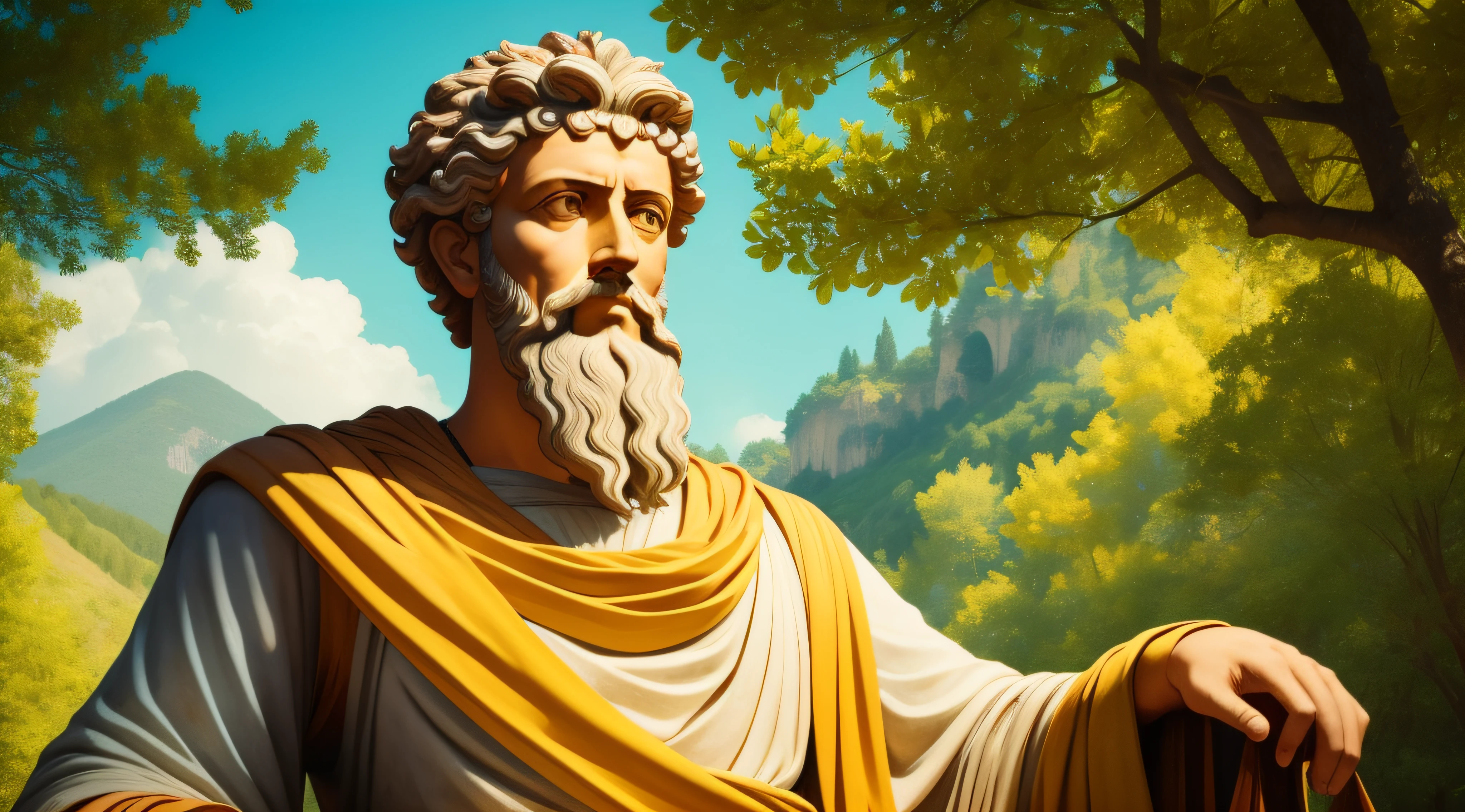 Imagine a vibrant color photograph of Marcus Aurelius, the stoic philosopher and Roman Emperor. The image portrays him with a sense of tranquility, surrounded by the natural beauty of the Roman countryside. The colors are rich and vivid, reflecting the warmth of the sunlight and the lush greenery that surrounds him. Aurelius's contemplative expression and wise eyes convey a depth of understanding and a connection to the world around him. This captivating portrait invites viewers to explore the profound teachings of Aurelius and contemplate the enduring relevance of his philosophical insights in our lives today.