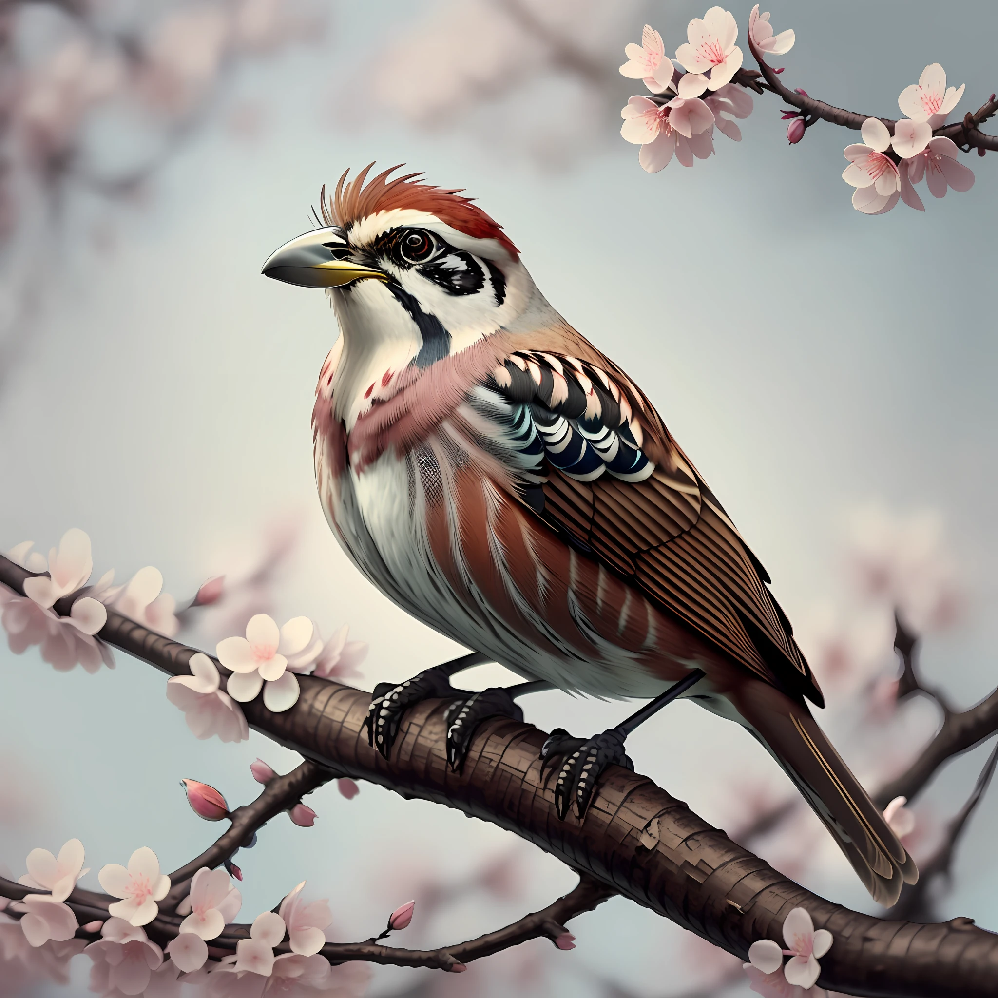 "Sparrow bird with open wings perched on a cherry blossom branch, wings spread, wings spread upwards, masterpiece of superior quality, officially beautiful art and aesthetics, realistic and detailed 8k, yang08k."