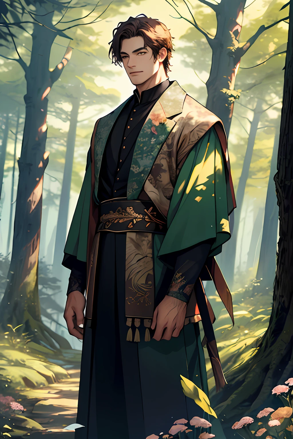 A young muscular male standing solo on the forest, six heads tall. The detailed background depicts animal, bird, flowers and tress. wear fantasy clothes. The man is captured in a depth of field shot, making this masterpiece a best quality creation.