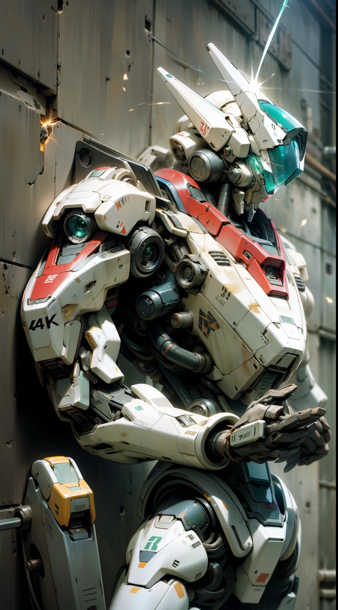 Virtual engine rendering,HQ 4K wallpaper,eventide,Mobile Suit,no-humans,mechs,droid,The main body is white,Blue accents,wounded,Exhaustion,The surface is heavily worn,Armed with a high-tech iron sword,Back against the wall,There are sparks on the body,Dark green eyes
