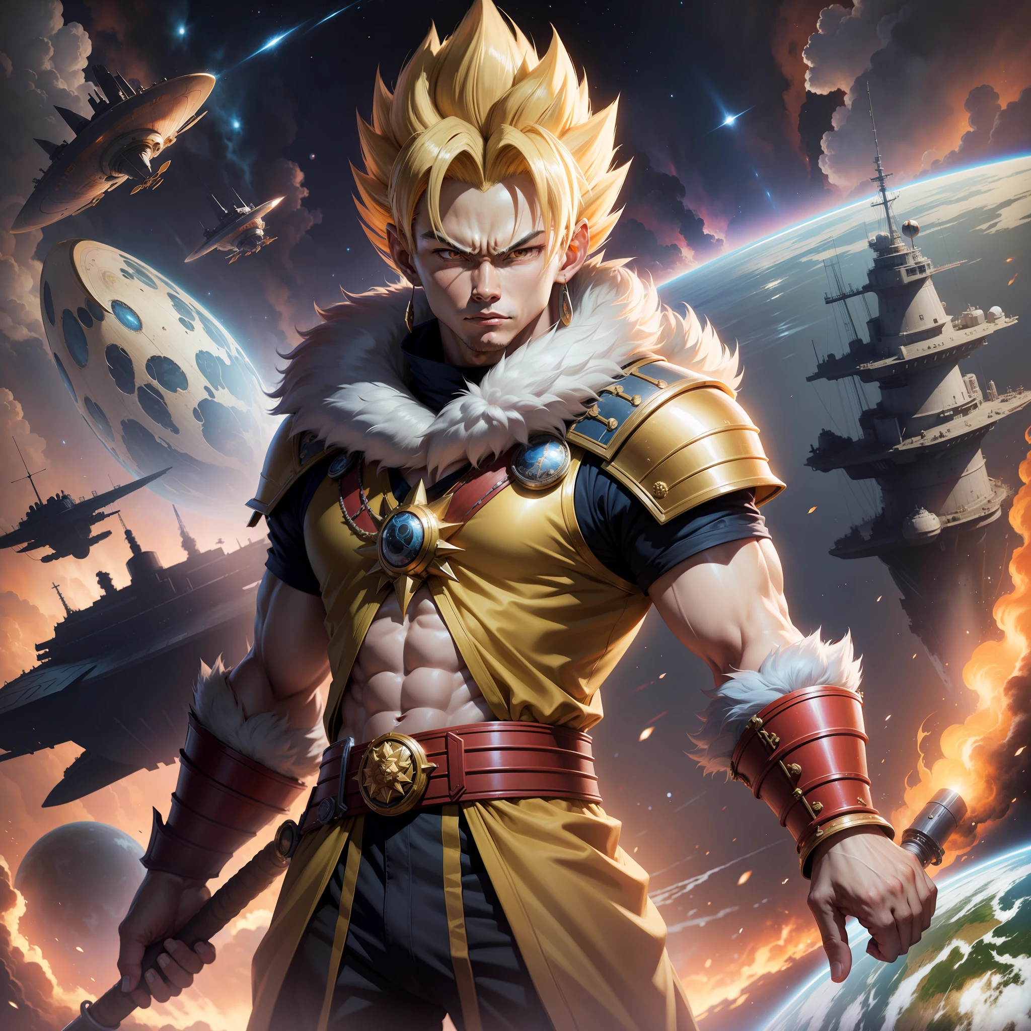 Tech Super Saiyan Monkey King,Sophisticated and high-tech,Standing above space,Look down on the blue planet,Surrounded by countless warships,Extraordinary temperament