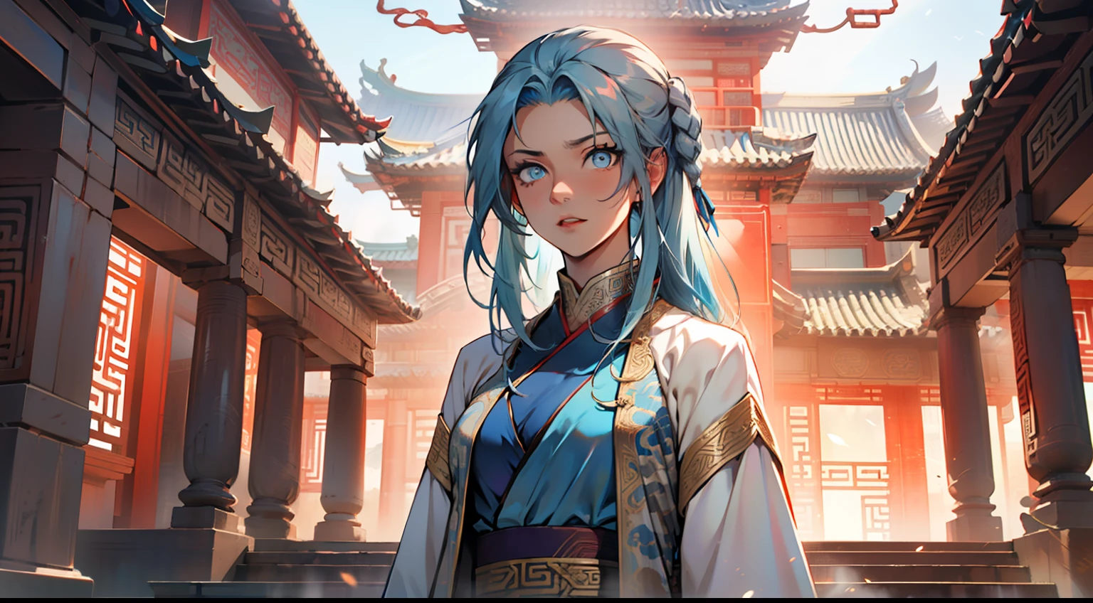 43. (1 person) The girl, with (((Blue Eyes))) and (((long blue hair))), dressed in a light blue dress with a white light gauze jacket, appears very scared. (Background: The magnificent imperial palace of ancient China)
