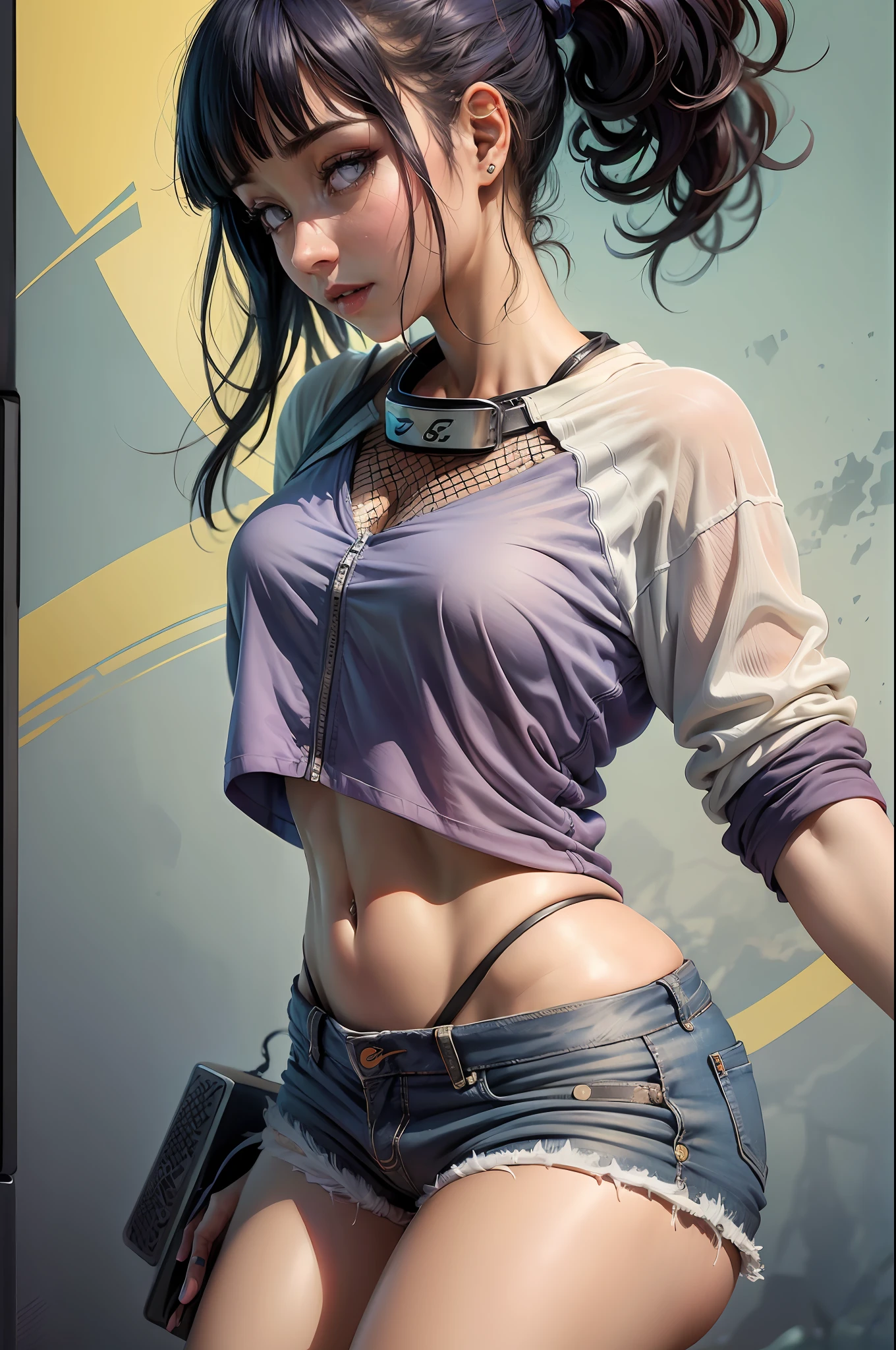 (Hinata Hyuga, muito sensual, com roupas de funkeira, brasileira, rio de janeiro, dancing funk, rebolando, bunda grande, usando um short jeans curto, usando uma mini blusa, umbigo com pirsing, sneakers Nike, cabelo grande, Speaker behind, muito realista, extremamente sexy, 8k, 8k extremamente detalhado), (um extremamente delicado e bonito), (obra-prima), (melhor qualidade: 1.0), (ultra highres:1.0)