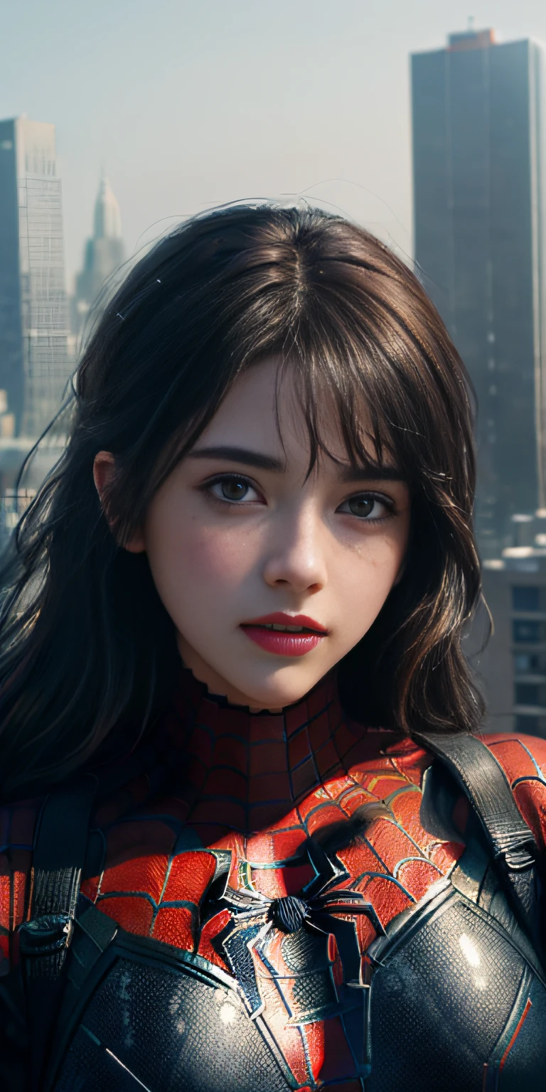 (1girl:1.3), Solo, (((Very detailed face)))), ((Very detailed eyes and face)))), Beautiful detail eyes, Body parts__, Official art, Unified 8k wallpaper, Super detailed, beautiful and beautiful, beautiful, masterpiece, best quality, original, masterpiece, super fine photo, best quality, super high resolution, realistic realism, sunlight, full body portrait, amazing beauty, dynamic pose, delicate face, vibrant eyes, (from the front), She wears Spider-Man suit, red and black color scheme, spider, very detailed city roof background, rooftop, overlooking the city, detailed face, detailed complex busy background, messy, gorgeous, milky white, highly detailed skin, realistic skin details, visible pores, clear focus, volumetric fog, 8k uhd, DSLR, high quality, film grain, fair skin, photo realism, lomography, futuristic dystopian megalopolis, translucent