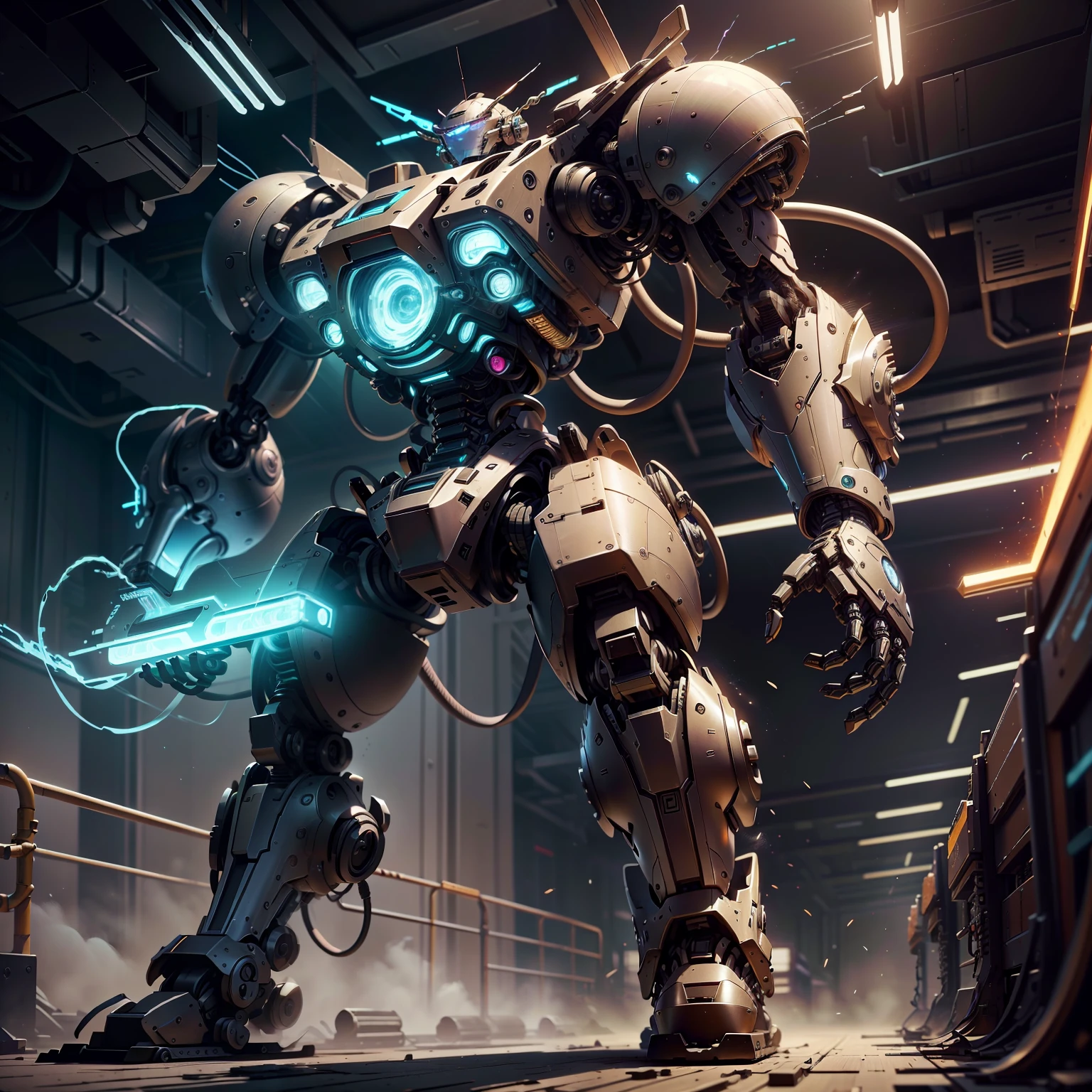 ((masterpiece, best quality)),illustration,ultra detailed 8k,photorealistic,sharp focus,highly detailed,professional lighting,colorful details,iridescent colors BREAK extreme long shot of a factory,large mechanical robot construction,microchip,computer,glowing,intricate details,shitu-mecha,1girl is standing in front of the audience,Navel --auto
