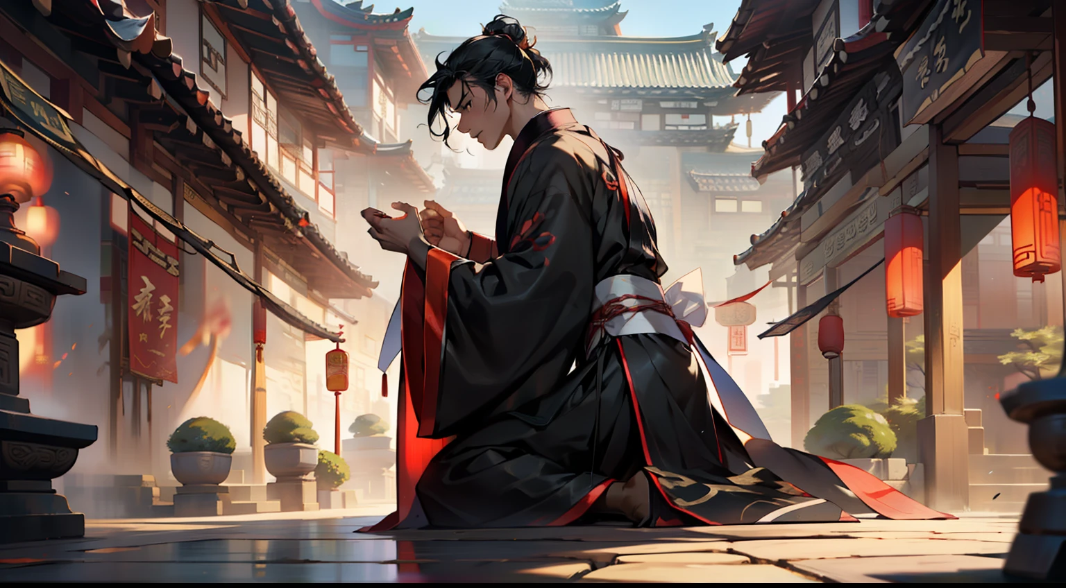 44. (1 person) The boy with a (((Black coat))), (((Black Hanfu youth))), and (((Black hair))) kneels on the ground, continuously pleading. (Background: The magnificent imperial palace of ancient China)