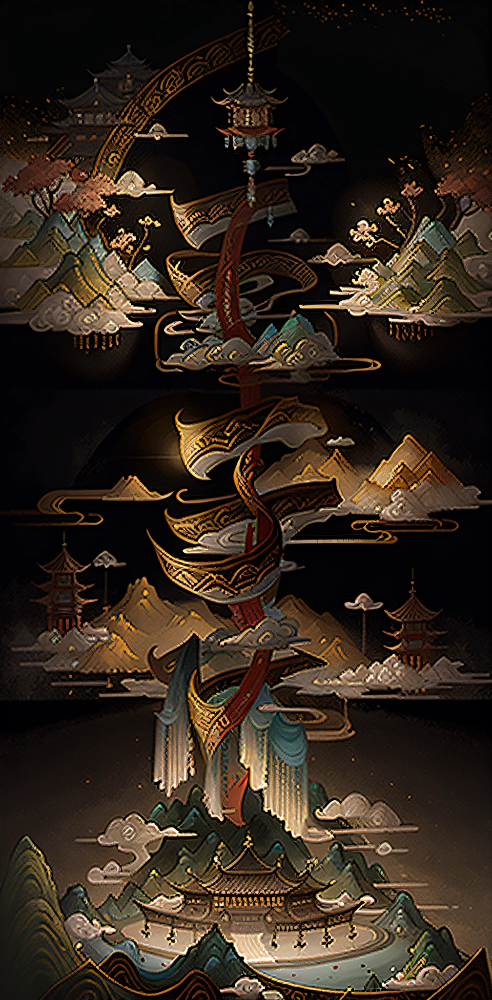 ancient chinese painting, ancient chinese background, mountains, river, auspicious clouds, pavilions, sunlight, masterpiece, super detail, epic composition, ultra hd, high quality, extremely detailed, official art, unified 8k wallpaper, super detail, 32k