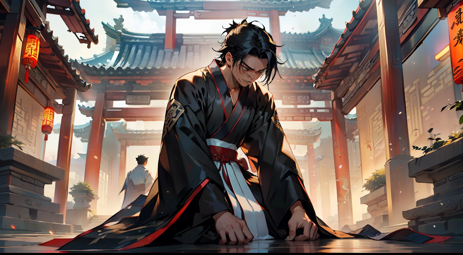 45. (1 person) The boy with a (((Black coat))), (((Black Hanfu youth))), and (((Black hair))) kneels on the ground, his expression full of anguish. (Background: The magnificent imperial palace of ancient China)