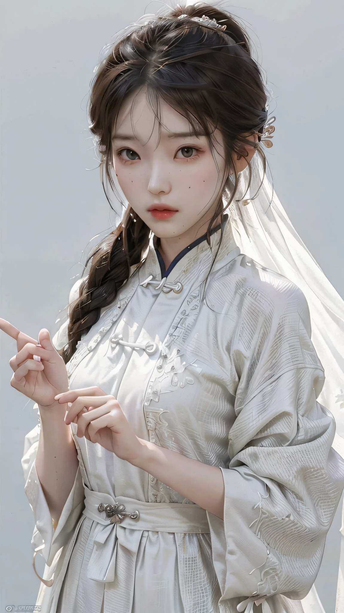 A girl, ancient Chinese costume, whole body, sunshine, clear face, clean white background, masterpiece, super detail, epic composition, ultra HD, high quality, extremely detailed, official art, uniform 8k wallpaper, super detail, 32k