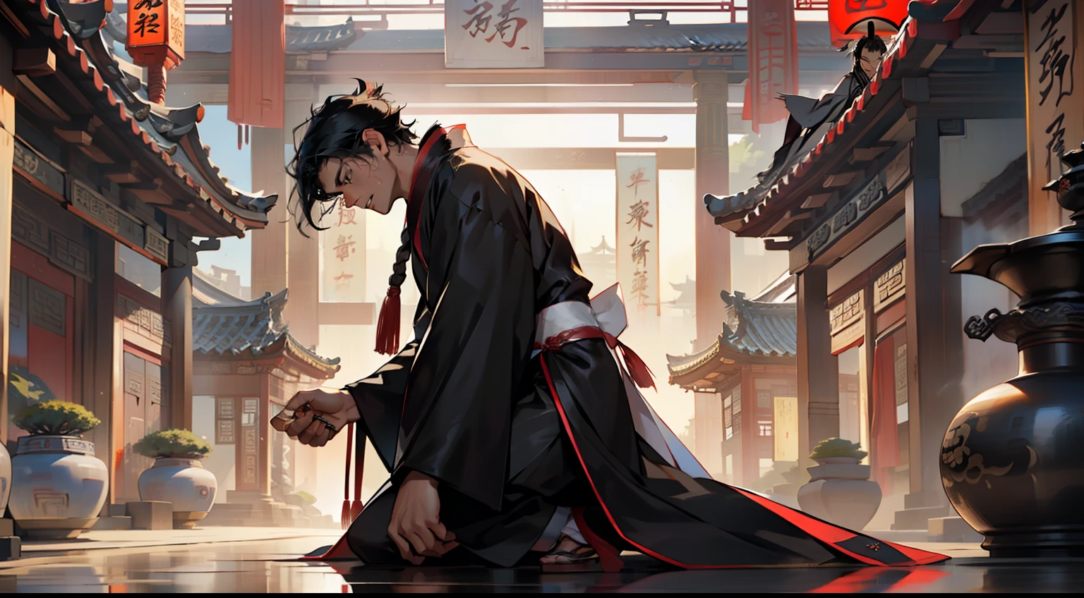 45. (1 person) The boy with a (((Black coat))), (((Black Hanfu youth))), and (((Black hair))) kneels on the ground, his expression full of anguish. (Background: The magnificent imperial palace of ancient China)
