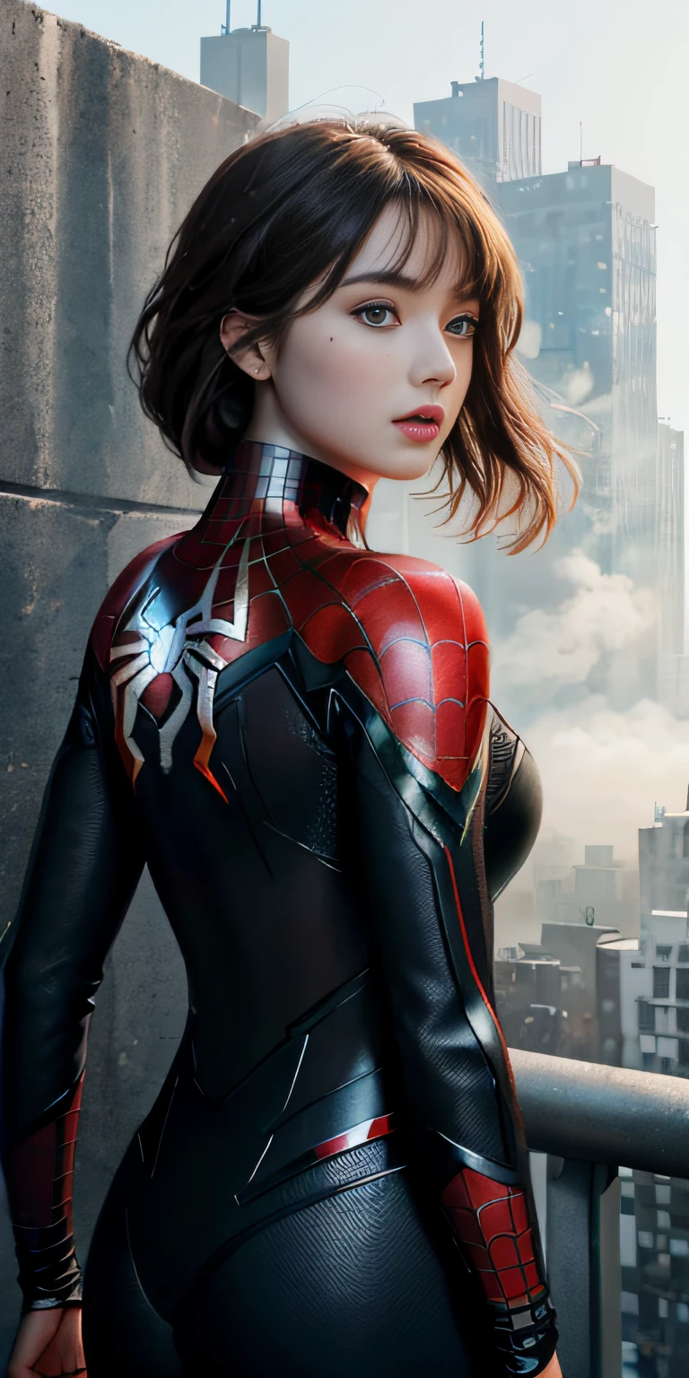 (1girl:1.3), Solo, (((Very detailed face)))), ((Very detailed eyes and face)))), Beautiful detail eyes, Body parts__, Official art, Unified 8k wallpaper, Super detailed, beautiful and beautiful, beautiful, masterpiece, best quality, original, masterpiece, super fine photo, best quality, super high resolution, realistic realism, sunlight, full body portrait, amazing beauty, dynamic pose, delicate face, vibrant eyes, (from the front), She wears Spider-Man suit, red and black color scheme, spider, very detailed city roof background, rooftop, overlooking the city, detailed face, detailed complex busy background, messy, gorgeous, milky white, highly detailed skin, realistic skin details, visible pores, clear focus, volumetric fog, 8k uhd, DSLR, high quality, film grain, fair skin, photo realism, lomography, futuristic dystopian megalopolis, translucent