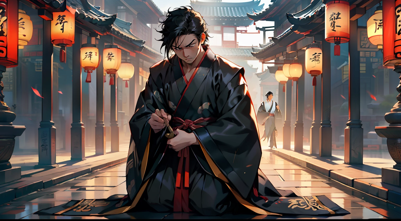 45. (1 person) The boy with a (((Black coat))), (((Black Hanfu youth))), and (((Black hair))) kneels on the ground, his expression full of anguish. (Background: The magnificent imperial palace of ancient China)