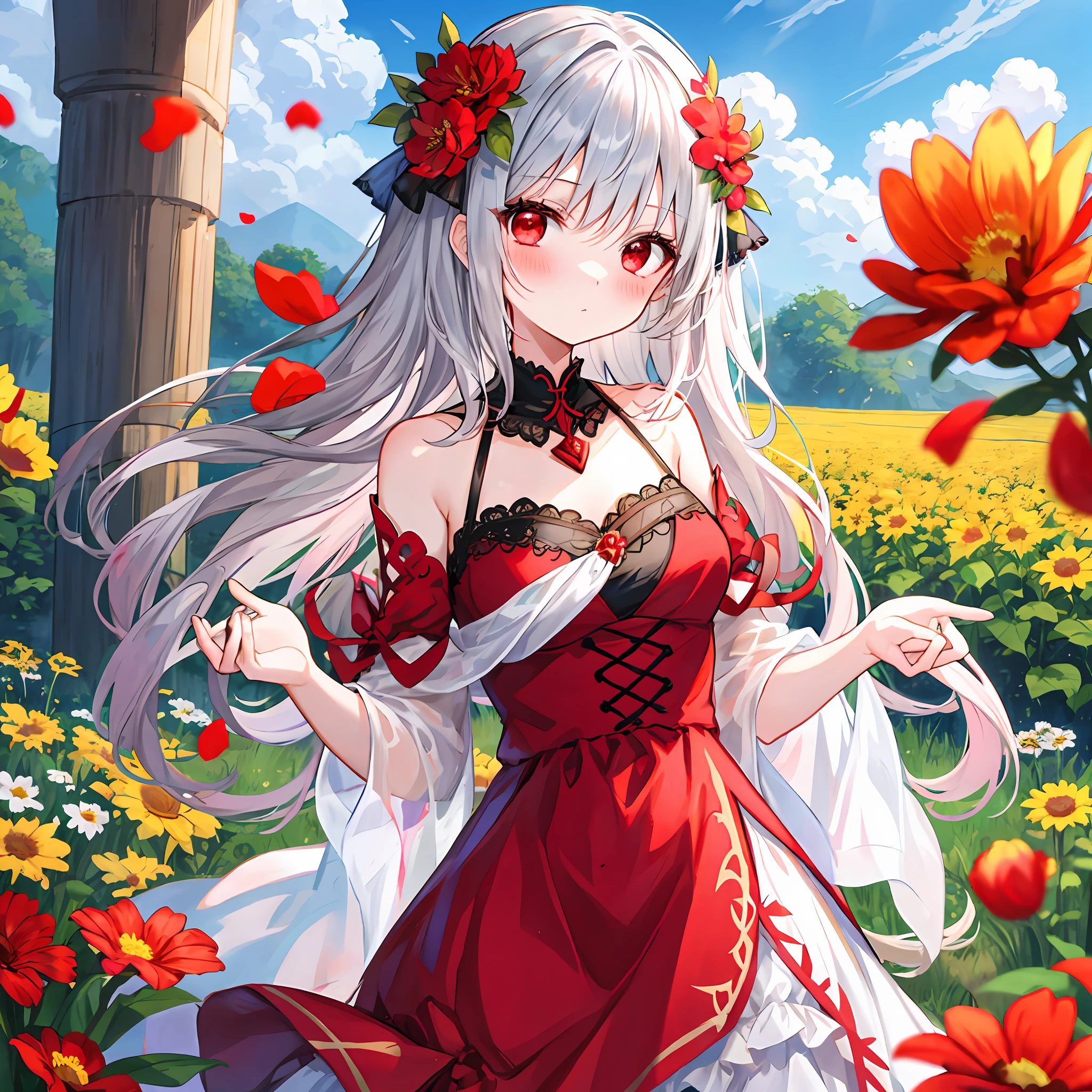 red blush、hair wavy、silber hair、red eyes、Red dress、off shoulders、Beautiful girl alone、animesque、独奏、flower  field