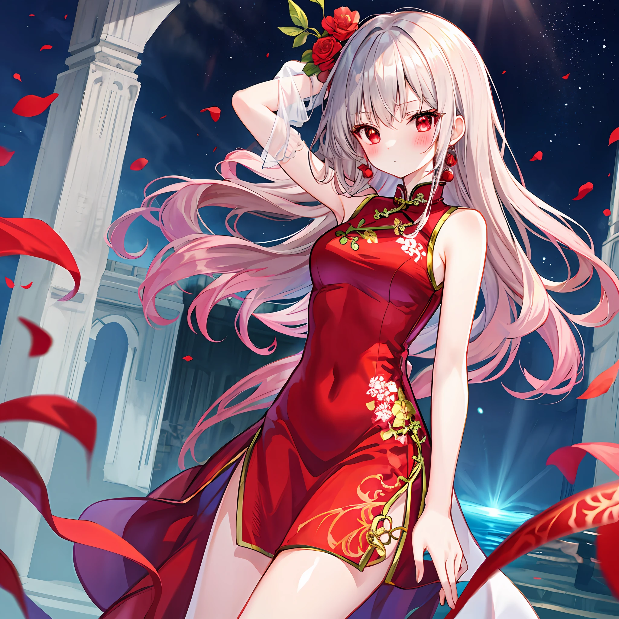 red blush、hair wavy、silber hair、red eyes、qipao dress、Beautiful girl alone、animesque、