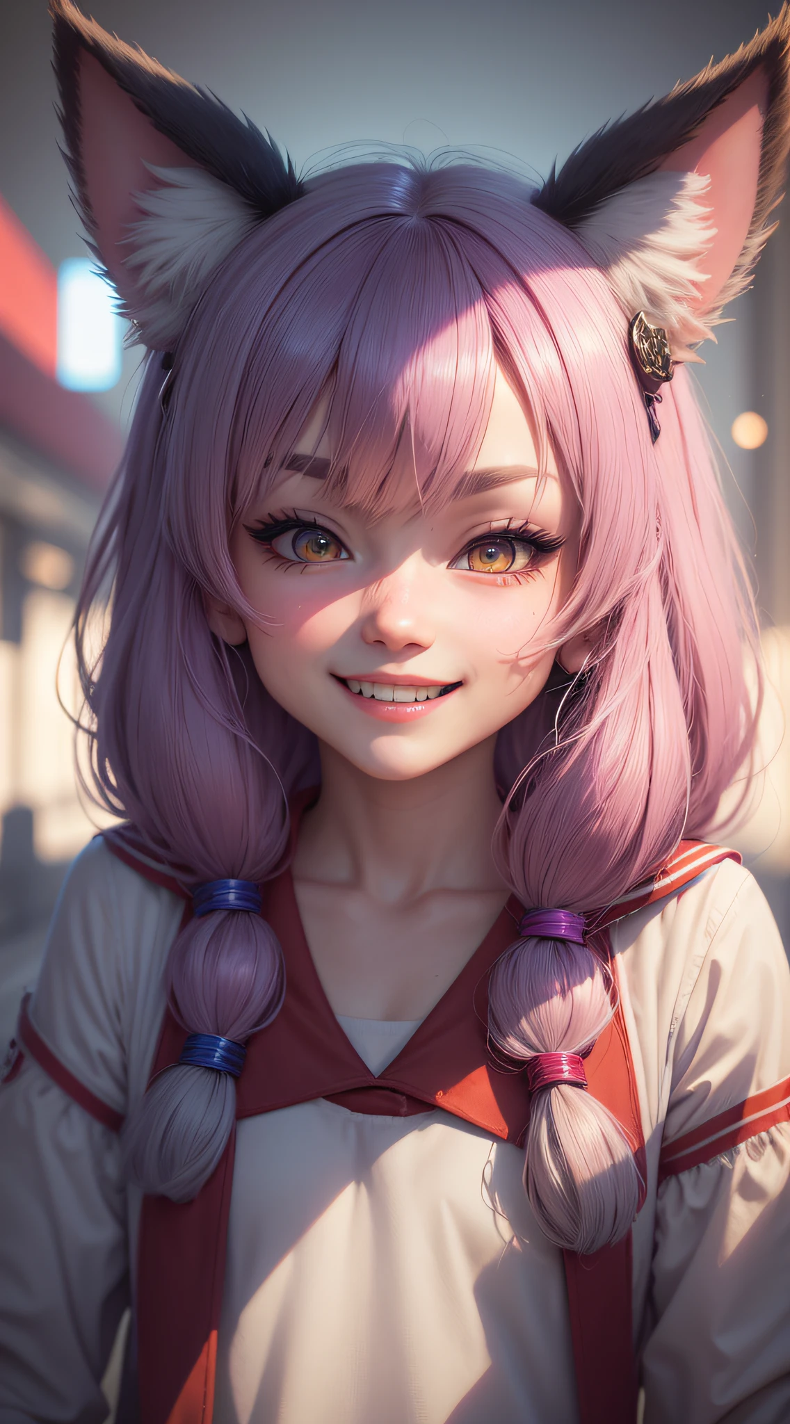 hair bobbles, wince, longeyelashes, solid circle eyes, fake animal ears, light smile, ear blush, fang, sailor hat, devil pupils, smiley, drop shadow, anaglyph, stereogram, tachi-e, pov, atmospheric perspective, first-person view, Sony FE GM, 8k, ccurate, best quality, UHD --auto