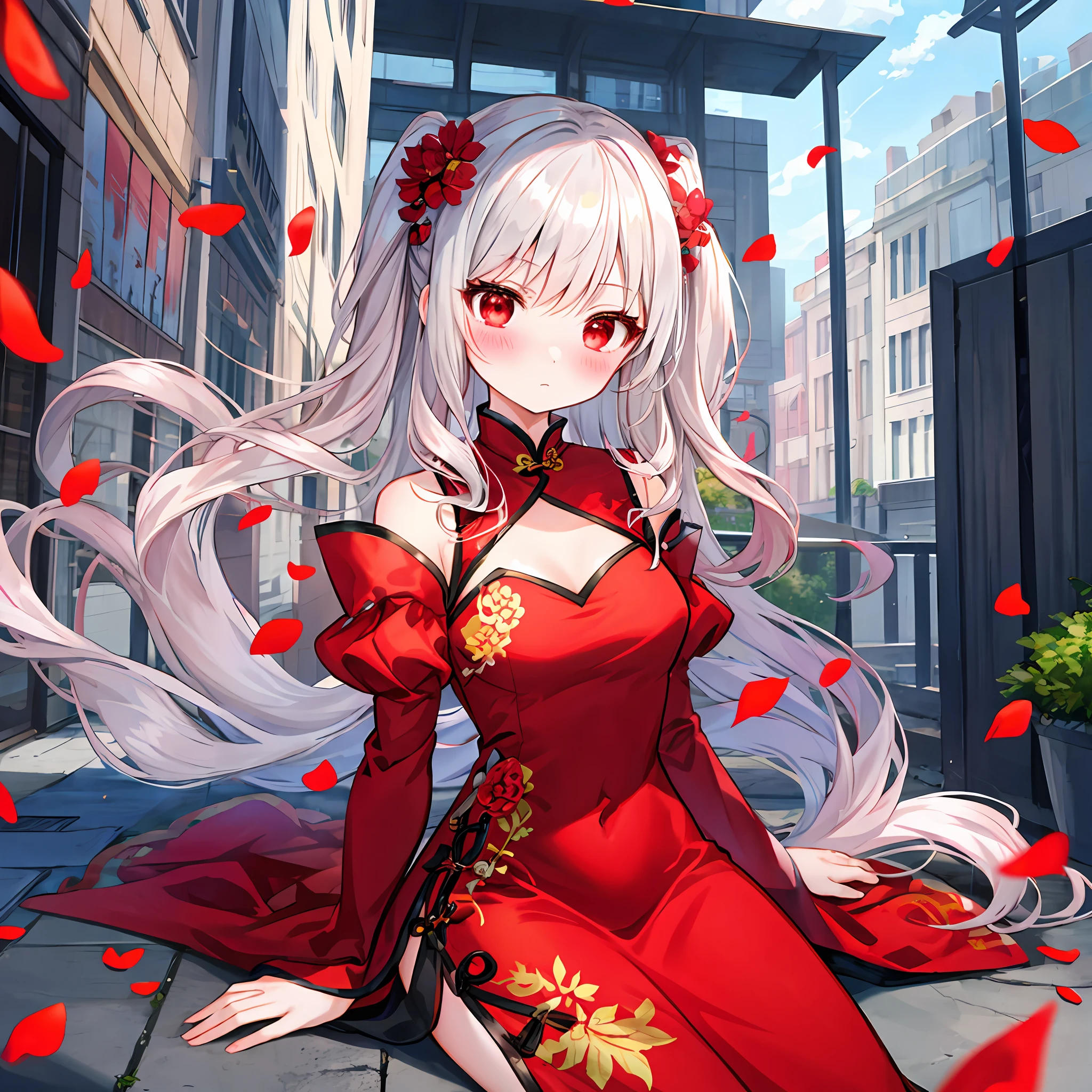 red blush、hair wavy、silber hair、red eyes、qipao dress、Beautiful girl alone、animesque、