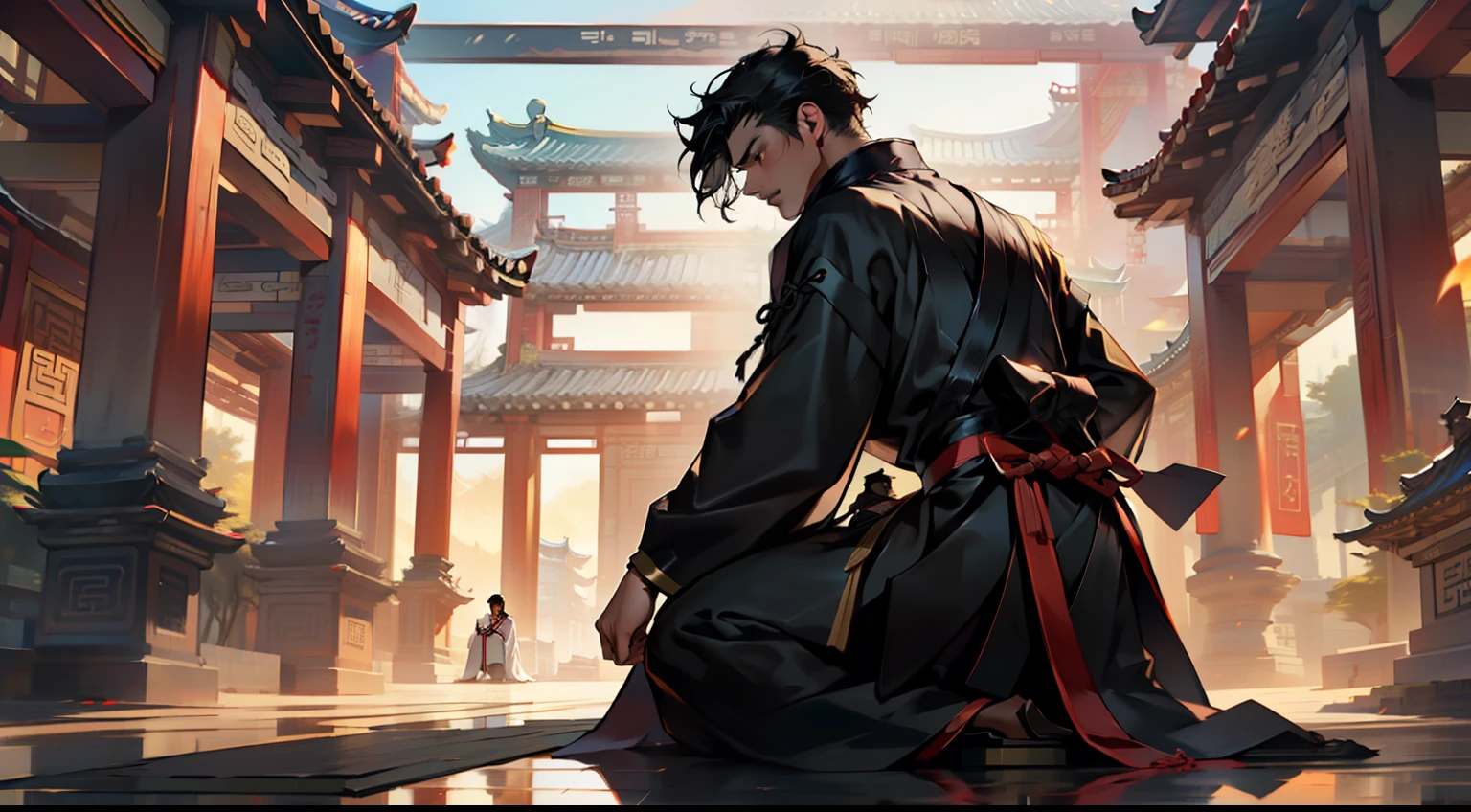 46. (1 person) The boy with a (((Black coat))), (((Black Hanfu youth))), and (((Black hair))) kneels on the ground, his expression filled with fear. (Background: The magnificent imperial palace of ancient China)
