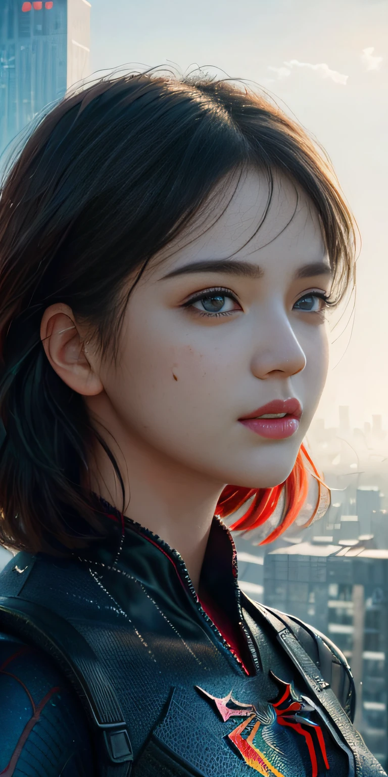 (1girl:1.3), Solo, (((Very detailed face)))), ((Very detailed eyes and face)))), Beautiful detail eyes, Body parts__, Official art, Unified 8k wallpaper, Super detailed, beautiful and beautiful, beautiful, masterpiece, best quality, original, masterpiece, super fine photo, best quality, super high resolution, realistic realism, sunlight, full body portrait, amazing beauty, dynamic pose, delicate face, vibrant eyes, (from the front), She wears Spider-Man suit, red and black color scheme, spider, very detailed city roof background, rooftop, overlooking the city, detailed face, detailed complex busy background, messy, gorgeous, milky white, highly detailed skin, realistic skin details, visible pores, clear focus, volumetric fog, 8k uhd, DSLR, high quality, film grain, fair skin, photo realism, lomography, futuristic dystopian megalopolis, translucent