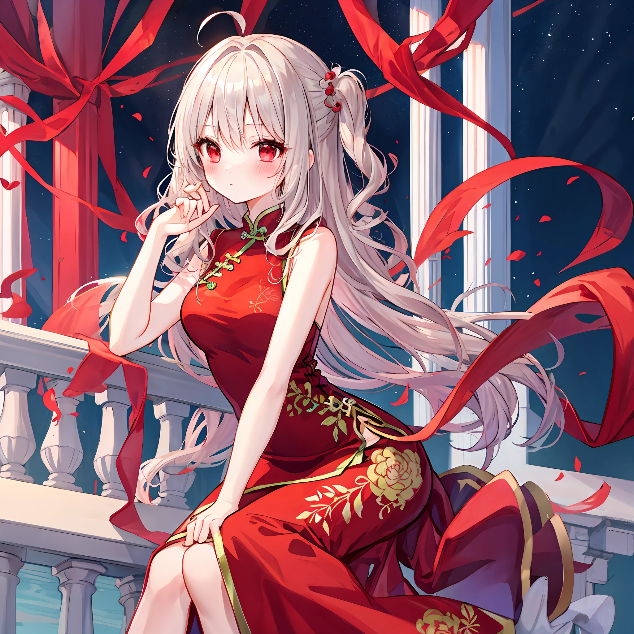 red blush、hair wavy、silber hair、red eyes、qipao dress、Beautiful girl alone、animesque、