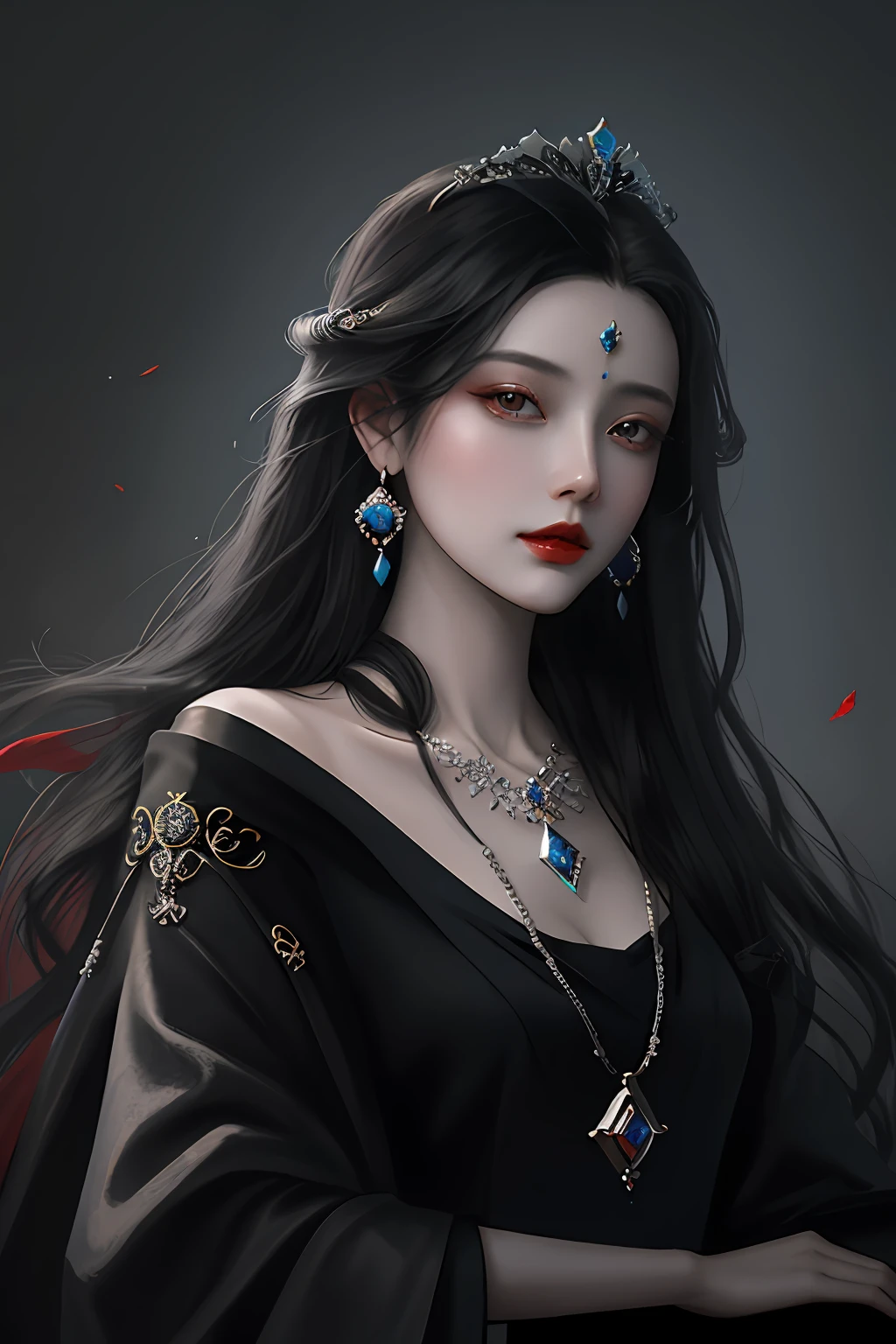 A woman with long black hair wearing a necklace and earrings,Red lips,blue gem,largeeyes,黑The eye, in the art style of bowater, ((a beautiful fantasy empress)), digital art of an elegant, elegant digital painting, by Yang J, she is the queen of black roses, Exquisite digital illustration, Beautiful digital illustration, Fantasy art style, Guviz-style artwork