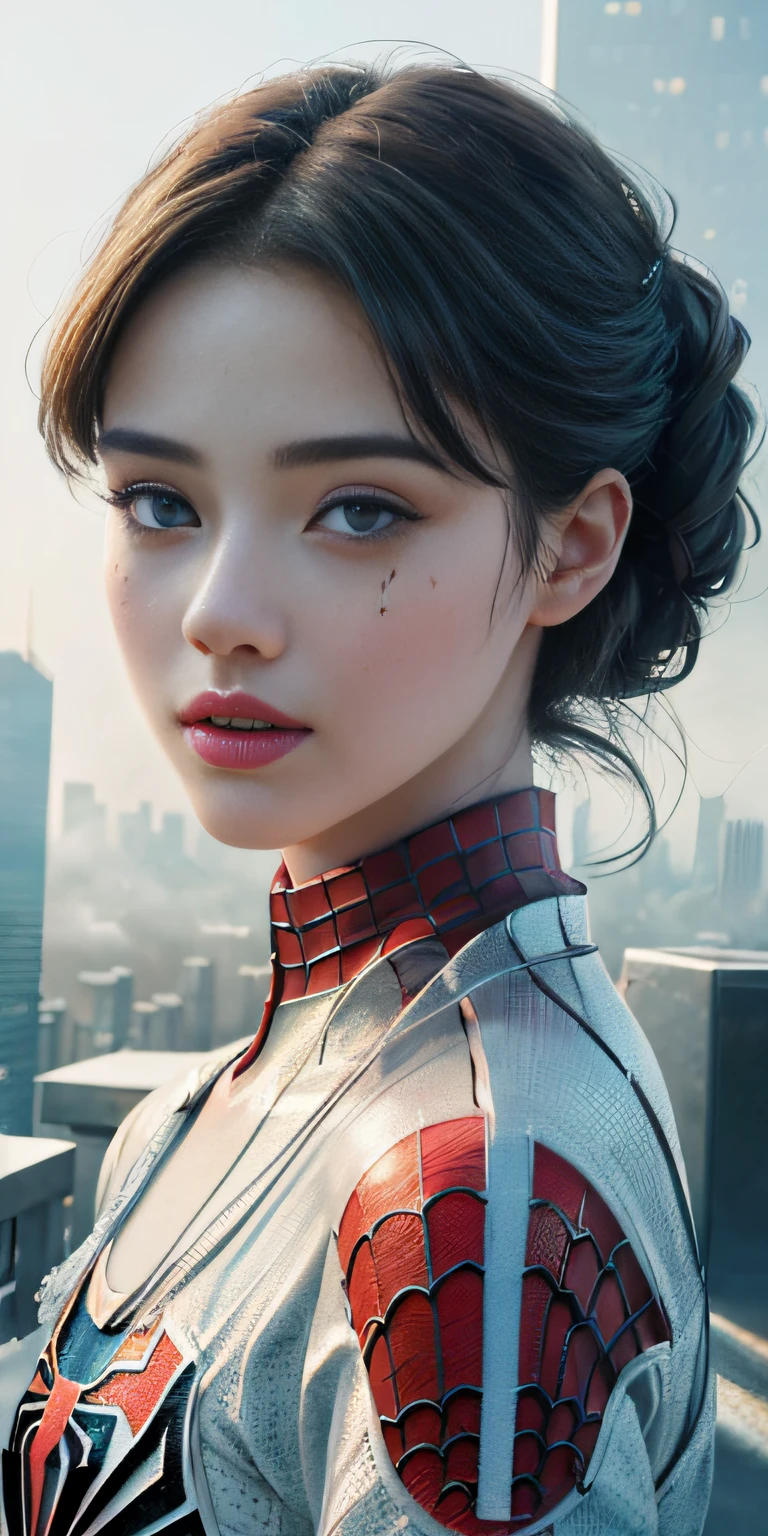 (1girl:1.3), Solo, (((Very detailed face)))), ((Very detailed eyes and face)))), Beautiful detail eyes, Body parts__, Official art, Unified 8k wallpaper, Super detailed, beautiful and beautiful, beautiful, masterpiece, best quality, original, masterpiece, super fine photo, best quality, super high resolution, realistic realism, sunlight, full body portrait, amazing beauty, dynamic pose, delicate face, vibrant eyes, (from the front), She wears Spider-Man suit, red and black color scheme, spider, very detailed city roof background, rooftop, overlooking the city, detailed face, detailed complex busy background, messy, gorgeous, milky white, highly detailed skin, realistic skin details, visible pores, clear focus, volumetric fog, 8k uhd, DSLR, high quality, film grain, fair skin, photo realism, lomography, futuristic dystopian megalopolis, translucent