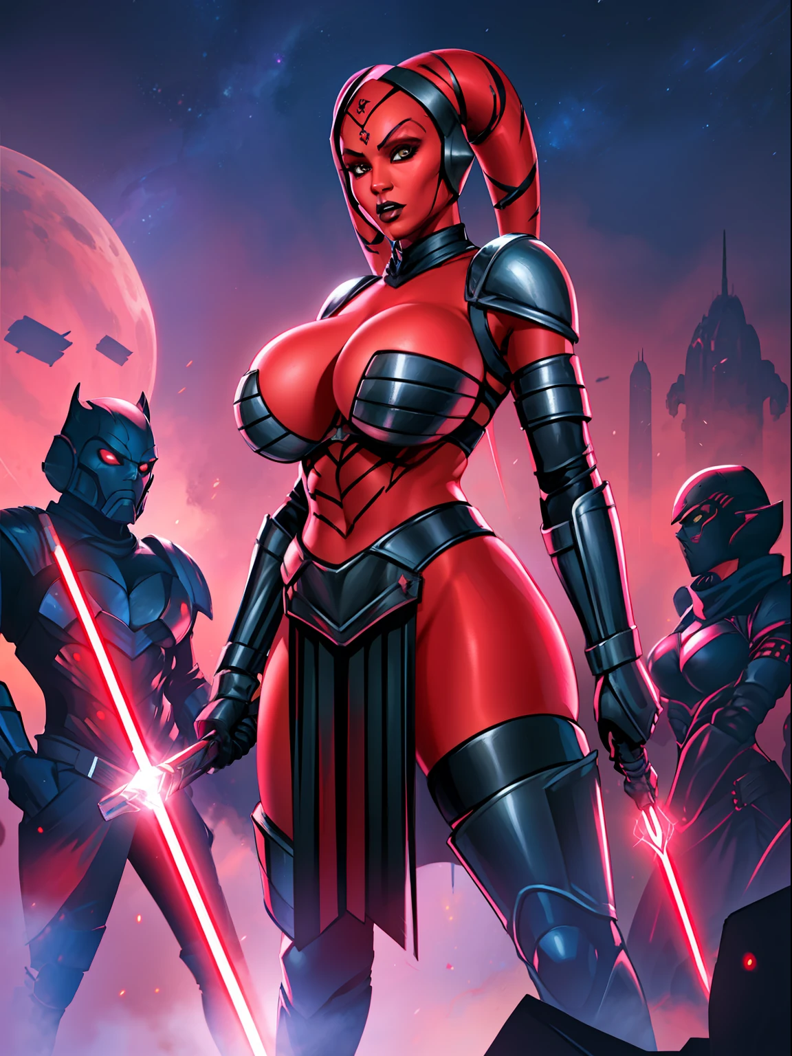 armor, busty, gigantic boobs, ((red skin), twi'lek), dual red lightsabers, evil space knight, space ninja, (wearing black robes, black stealth armor, breastplate, tunic, tabard, cowl, cloak, body glove, straps, buckles, skirts, long sleeves, fantasy, ((armor))), ((busty), slender body, thin, slim sexy body, slim waist, ((gigantic breasts))), Imperial starship, Star Wars,