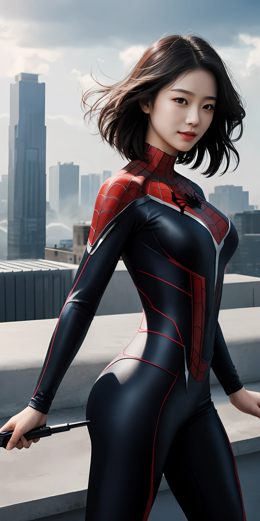 ChineseGirl(1girll:1.3), holding a pistol,byself, (((very vey very detailed face))),(((very detailed eyes and faces))),(Smiling and cold:1.2),Revenge emoticon,short detailed hair(black in color:1.3),beatiful detailed eyes,Body parts__,offcial art,Unified 8k wallpaper,ultra-detailliert,Beautiful and beautiful,big breasts beautiful,tmasterpiece,best qualtiy,primitive,tmasterpiece,ultra fine photos,best qualtiy,超高分辨率,photorealistic realism,rays of sunshine(The background is sunlight),full-body portraits(Raised sexy:1.3),stunningly beautiful,dynamicposes,delicated face,Vibrant eyes,(From the front side), she is in a spider-man suit(Spider pattern:1.2),Red and black color scheme,Very detailed city roof background, Roof,looking over city,详细的脸(Side lighting:1.2),detailed complex busy background,opulent,milkyW,(((Absolutely perfect body proportions))),highly detailedskin,Realistic details of skin,Visible pores,Clear focus,volume fog,rained,Drenched,8K UHD,digital SLR camera,high qulity,filmgrain,White skin of the(Delicate and smooth:1.2),photorealestic,photo-realism,heroism,(Full body appearance:1.3)