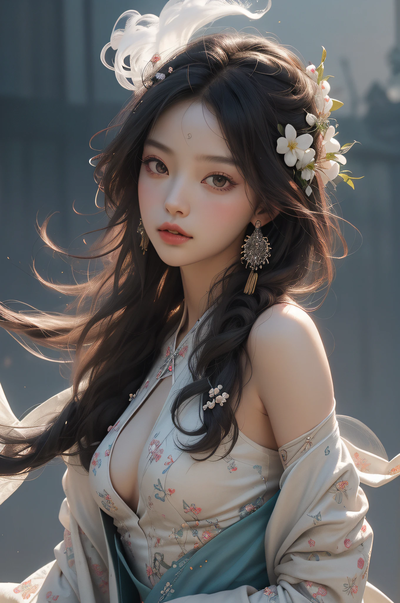 nsfw, zhongfenghua, 1girl, solo, hanfu, ancient_chinese_architecture, flower field, blossom, (white smoke:1.3) (photorealistic:1.4), zentangle, mandala, entangle, official art, unity 8k wallpaper, ultra detailed, beautiful and aesthetic, masterpiece,best quality, (dynamic angle:1.4), glowing skin, (floating colorful sparkles:1) the most beautiful form of chaos, elegant, a brutalist designed, vivid colours, romanticism depth of field exotic_dance, half_naked