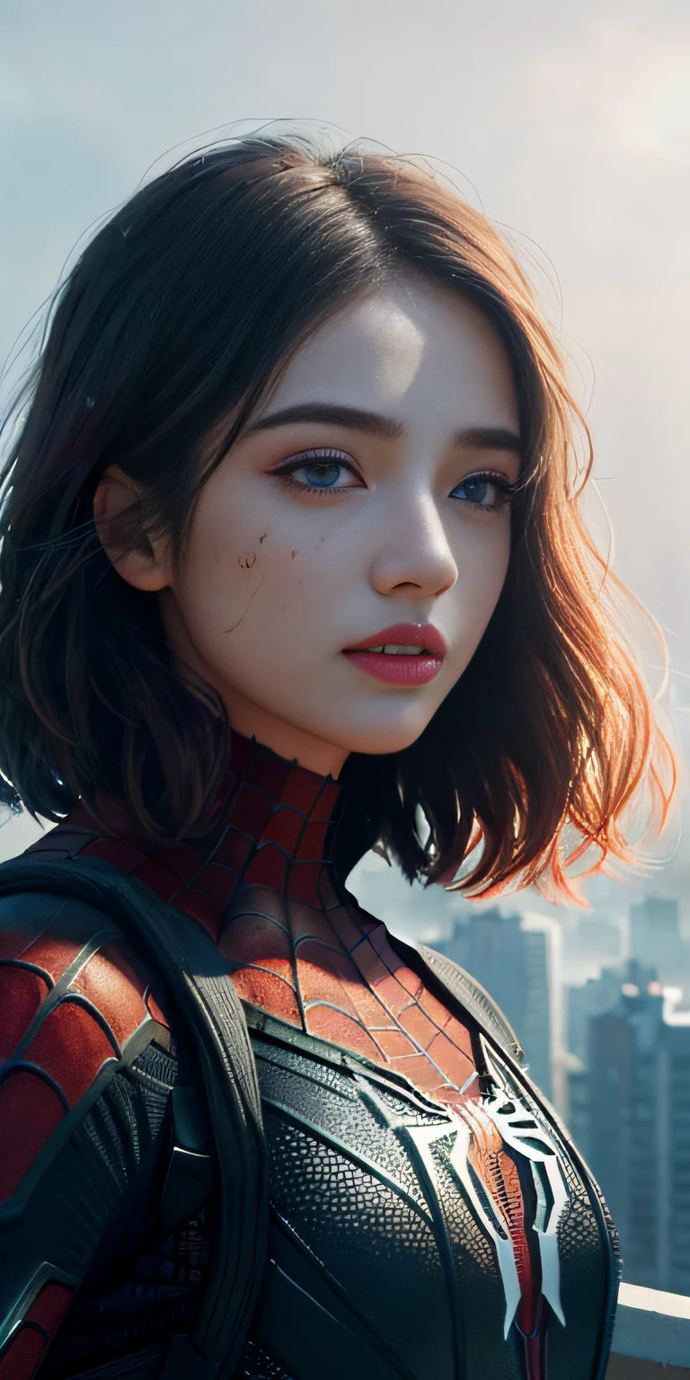 (1girl:1.3), Solo, (((Very detailed face)))), ((Very detailed eyes and face)))), Beautiful detail eyes, Body parts__, Official art, Unified 8k wallpaper, Super detailed, beautiful and beautiful, beautiful, masterpiece, best quality, original, masterpiece, super fine photo, best quality, super high resolution, realistic realism, sunlight, full body portrait, amazing beauty, dynamic pose, delicate face, vibrant eyes, (from the front), She wears Spider-Man suit, red and black color scheme, spider, very detailed city roof background, rooftop, overlooking the city, detailed face, detailed complex busy background, messy, gorgeous, milky white, highly detailed skin, realistic skin details, visible pores, clear focus, volumetric fog, 8k uhd, DSLR, high quality, film grain, fair skin, photo realism, lomography, futuristic dystopian megalopolis, translucent