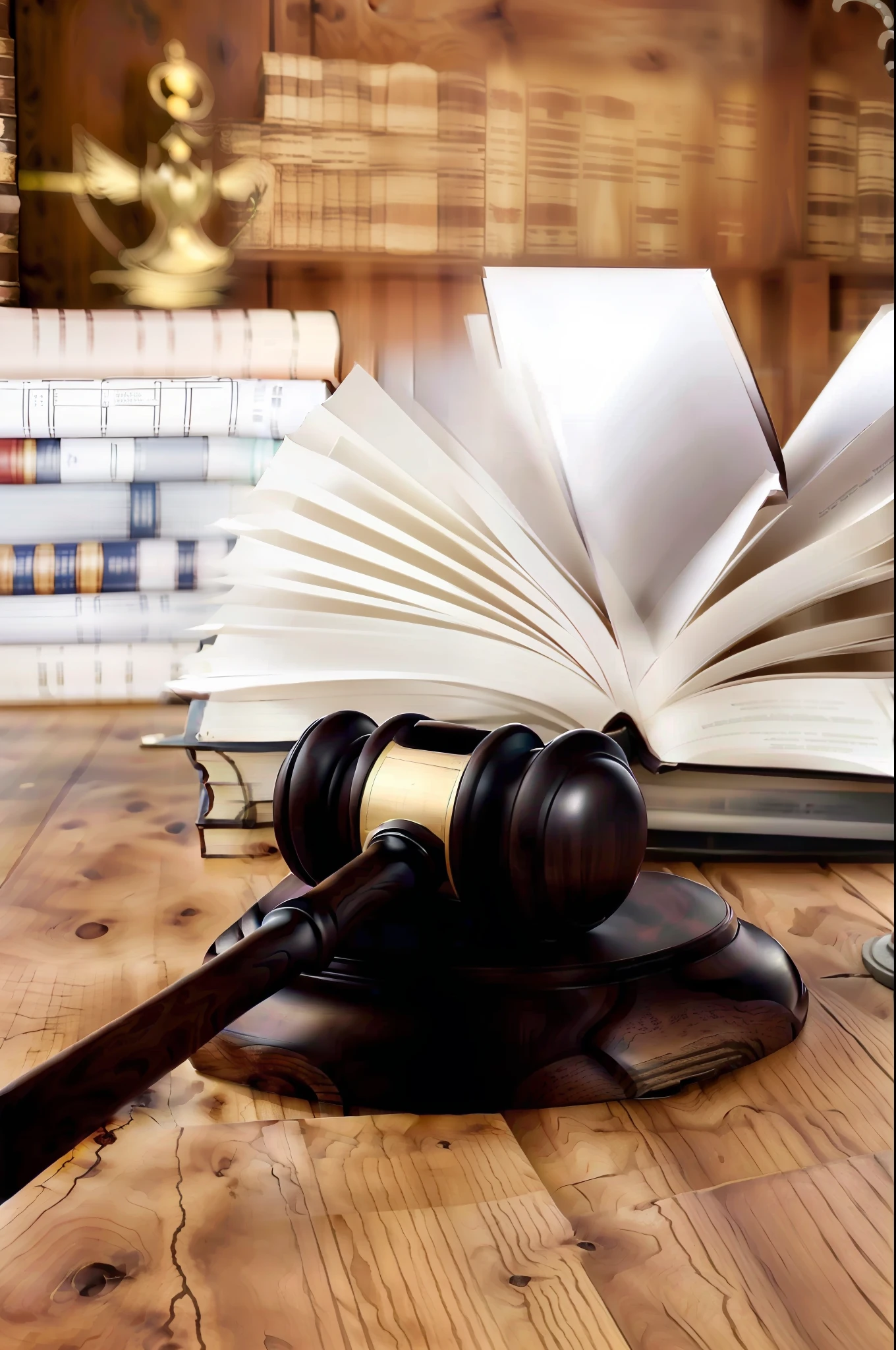 There was a mallet on the table，There is a book on it, defense attorney, doors。, judge's gavel, judge, a wooden log, Wooden table with books, Wooden, Lawyer, court images, Legal comparison, Outstanding detail, court session images, author：Nico Henrikan, against dark background, law - alligned, detailed surroundings, full resolution, antigo