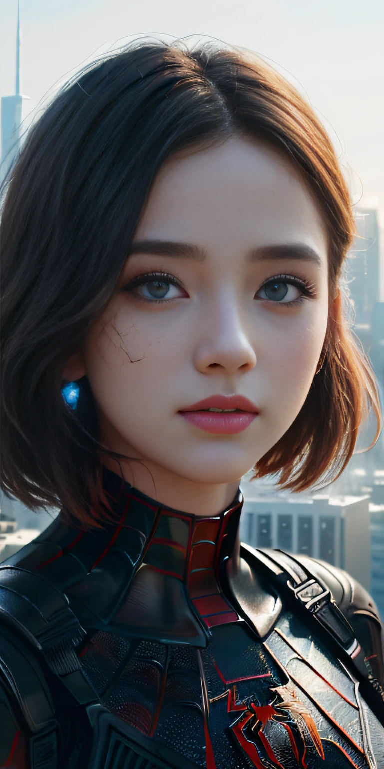 (1girl:1.3), Solo, (((Very detailed face)))), ((Very detailed eyes and face)))), Beautiful detail eyes, Body parts__, Official art, Unified 8k wallpaper, Super detailed, beautiful and beautiful, beautiful, masterpiece, best quality, original, masterpiece, super fine photo, best quality, super high resolution, realistic realism, sunlight, full body portrait, amazing beauty, dynamic pose, delicate face, vibrant eyes, (from the front), She wears Spider-Man suit, red and black color scheme, spider, very detailed city roof background, rooftop, overlooking the city, detailed face, detailed complex busy background, messy, gorgeous, milky white, highly detailed skin, realistic skin details, visible pores, clear focus, volumetric fog, 8k uhd, DSLR, high quality, film grain, fair skin, photo realism, lomography, futuristic dystopian megalopolis, translucent