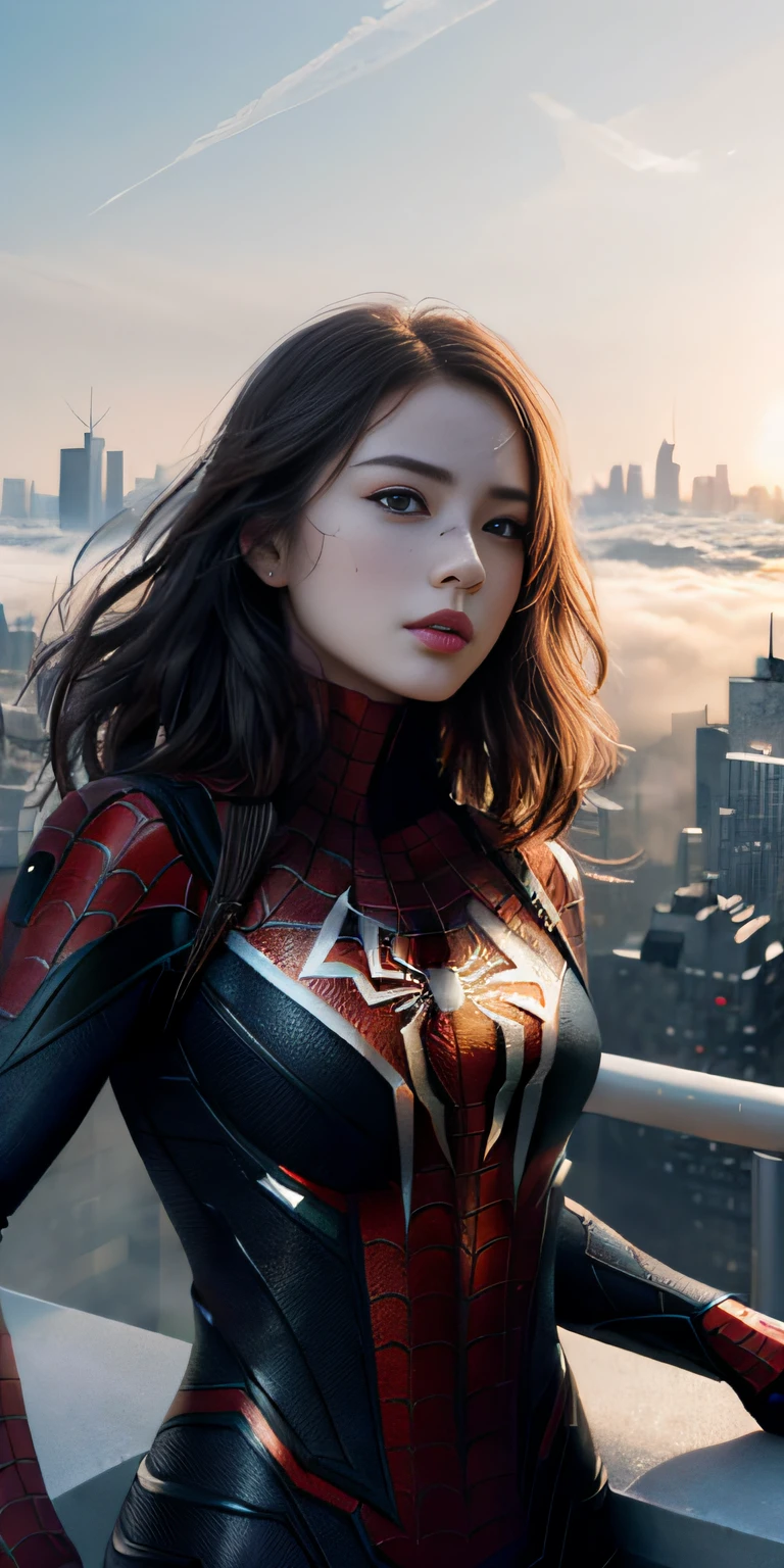(1girl:1.3), Solo, (((Very detailed face)))), ((Very detailed eyes and face)))), Beautiful detail eyes, Body parts__, Official art, Unified 8k wallpaper, Super detailed, beautiful and beautiful, beautiful, masterpiece, best quality, original, masterpiece, super fine photo, best quality, super high resolution, realistic realism, sunlight, full body portrait, amazing beauty, dynamic pose, delicate face, vibrant eyes, (from the front), She wears Spider-Man suit, red and black color scheme, spider, very detailed city roof background, rooftop, overlooking the city, detailed face, detailed complex busy background, messy, gorgeous, milky white, highly detailed skin, realistic skin details, visible pores, clear focus, volumetric fog, 8k uhd, DSLR, high quality, film grain, fair skin, photo realism, lomography, futuristic dystopian megalopolis, translucent