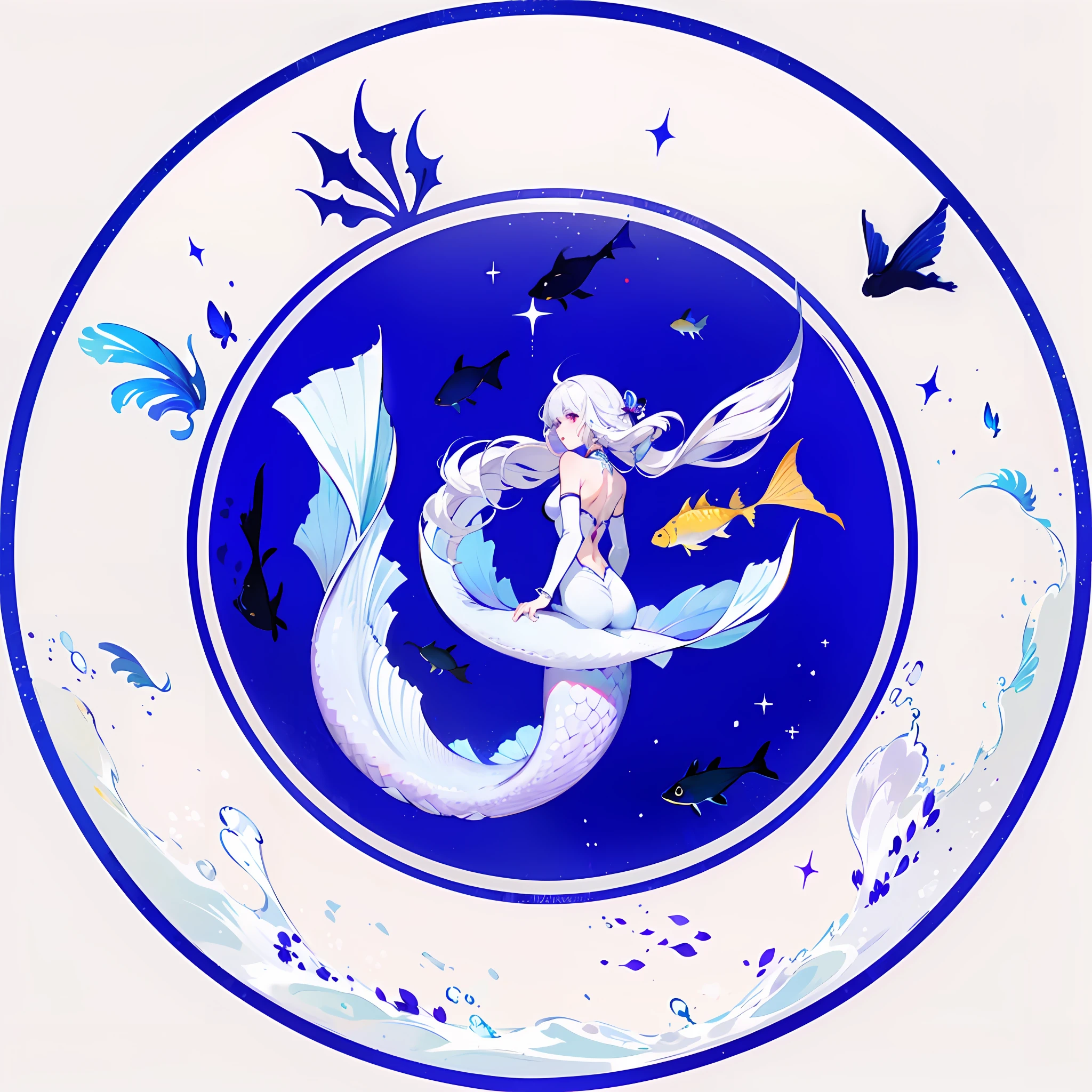Ridiculous, High Resolution, Ultra Detailed), 1 Girl, Solo, Mature, (Long Hair Purple), Fanatic, Long Sleeves, Elegant, Holy, Colorful, Supreme Detail, Underwater, Floating Hair, Flower, Back, Upper Body Colored White Mermaid Tail Mermaid Full Body Fish Scales,fish surrounded